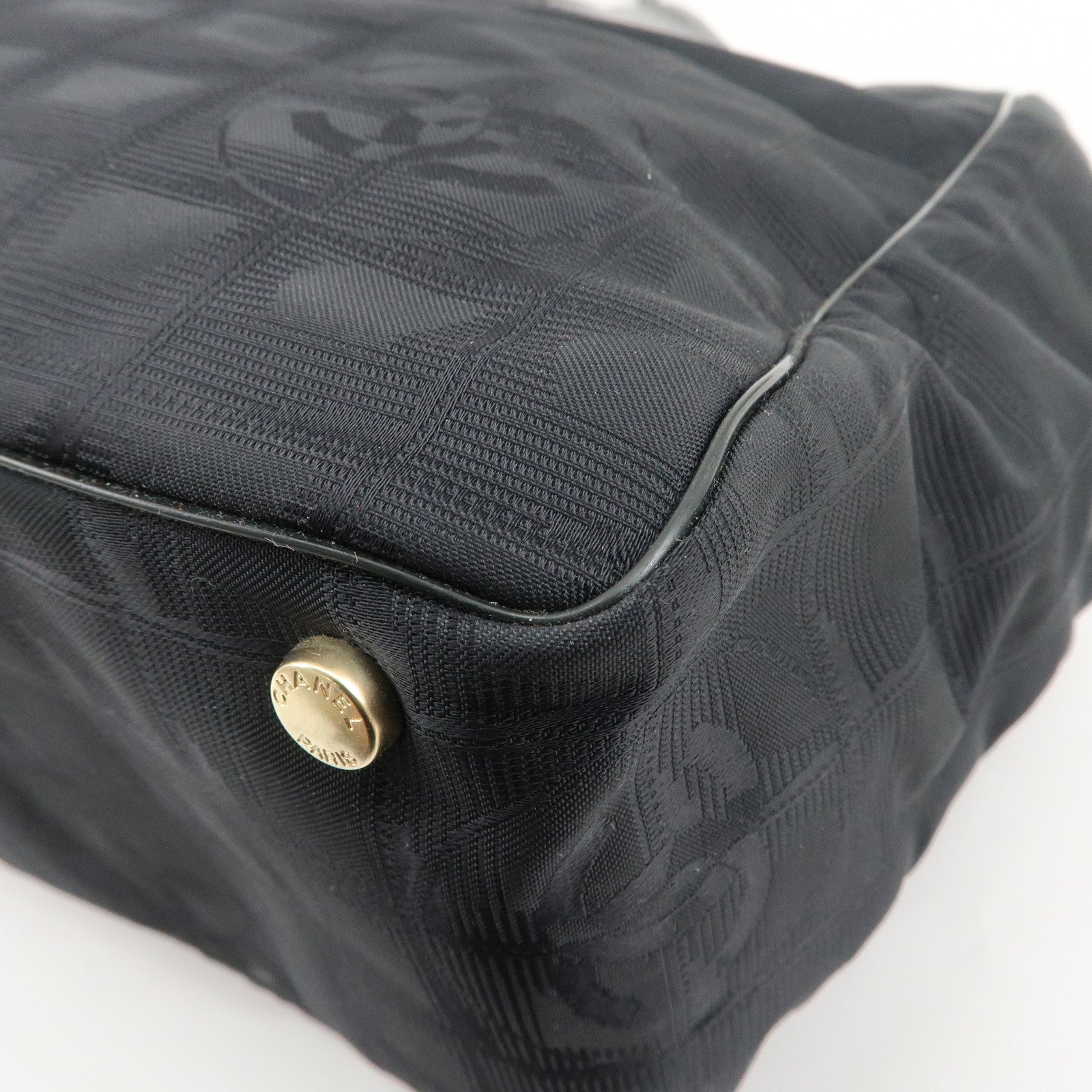 CHANEL Travel Line Nylon Jacquard Leather Tote Bag MM Black A15991 Used