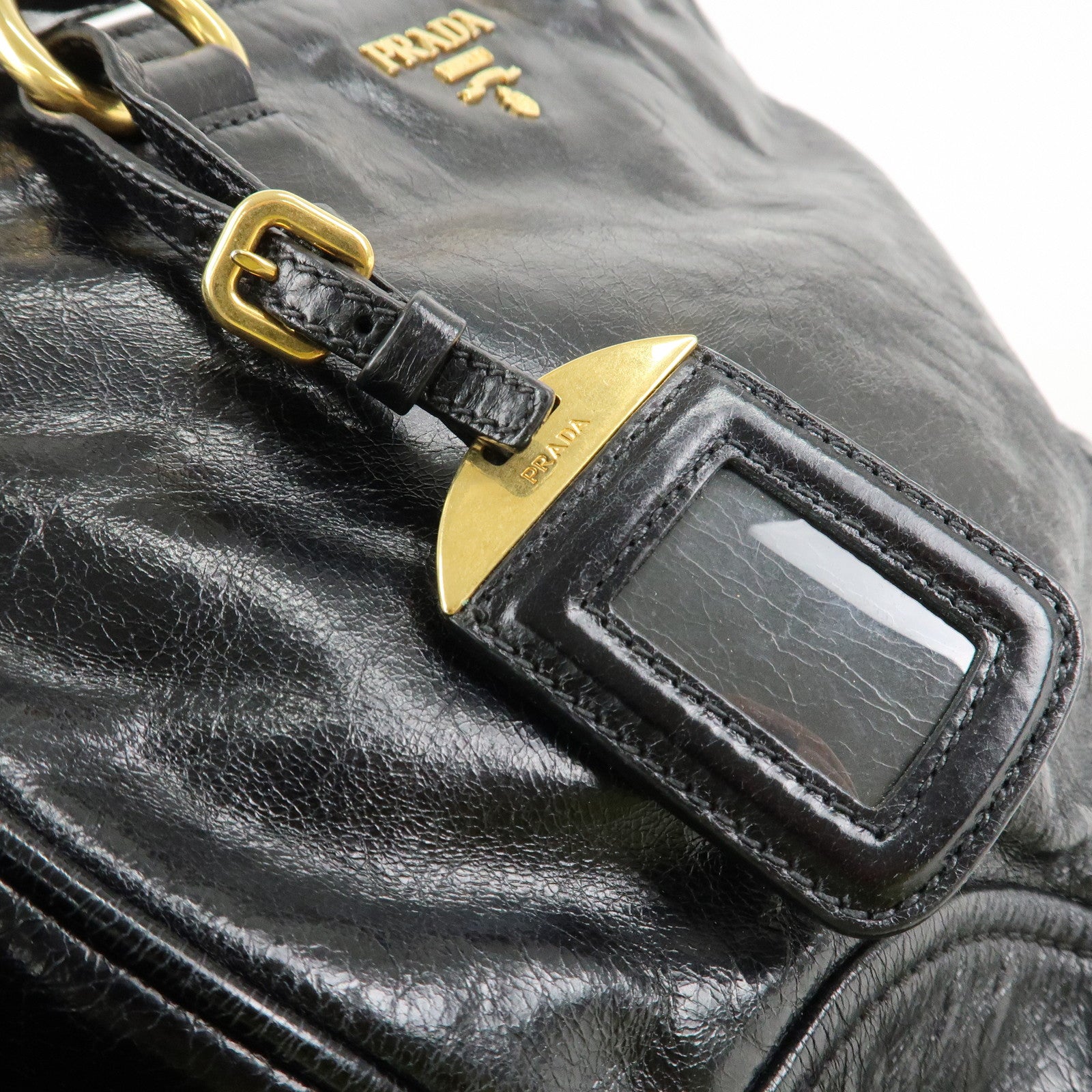 PRADA Leather 2way Bag Hand Bag Shoulder Bag Black Gold HDW Used