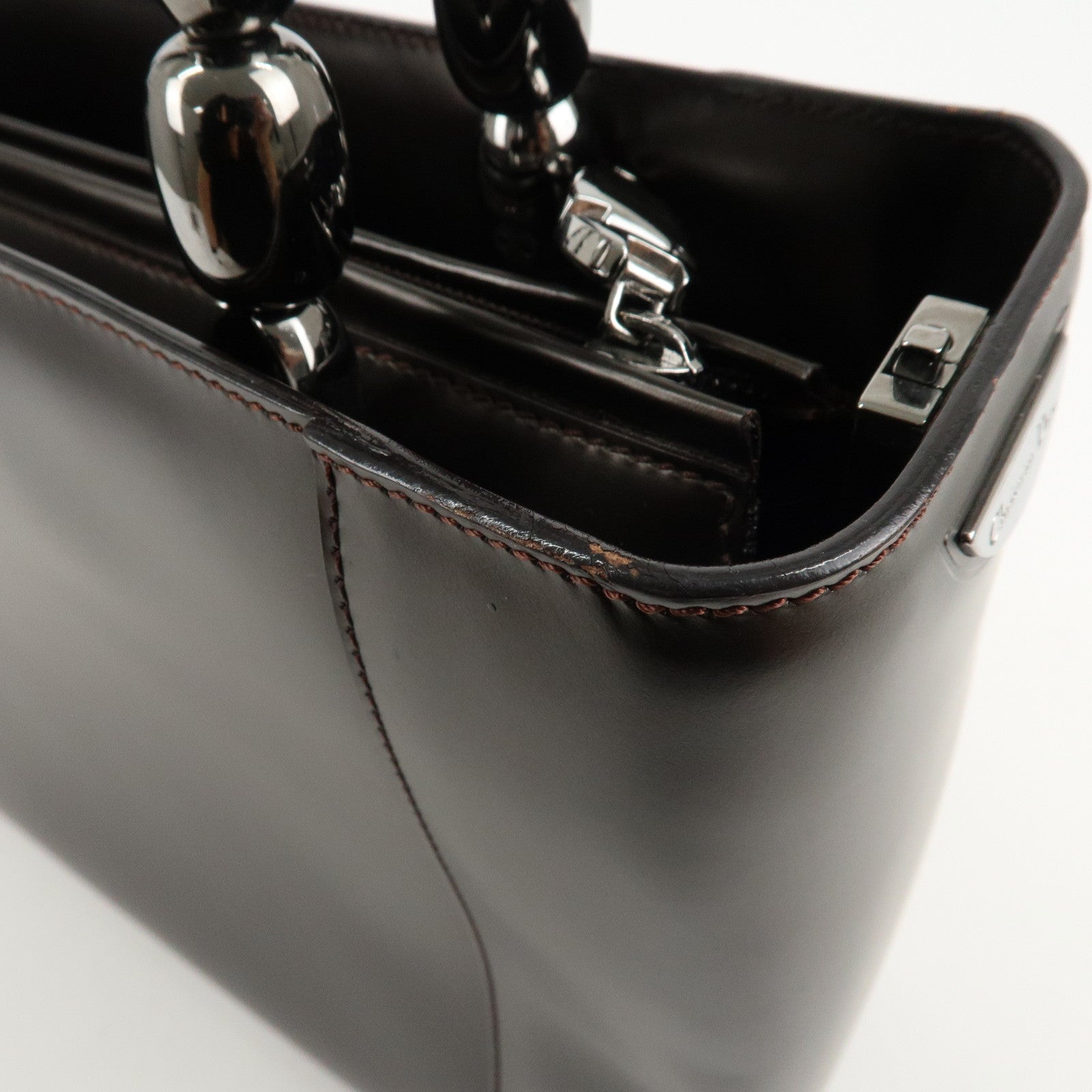 Christian Dior Maris Pearl Leather 2way Bag Hand Bag Dark Brown Used