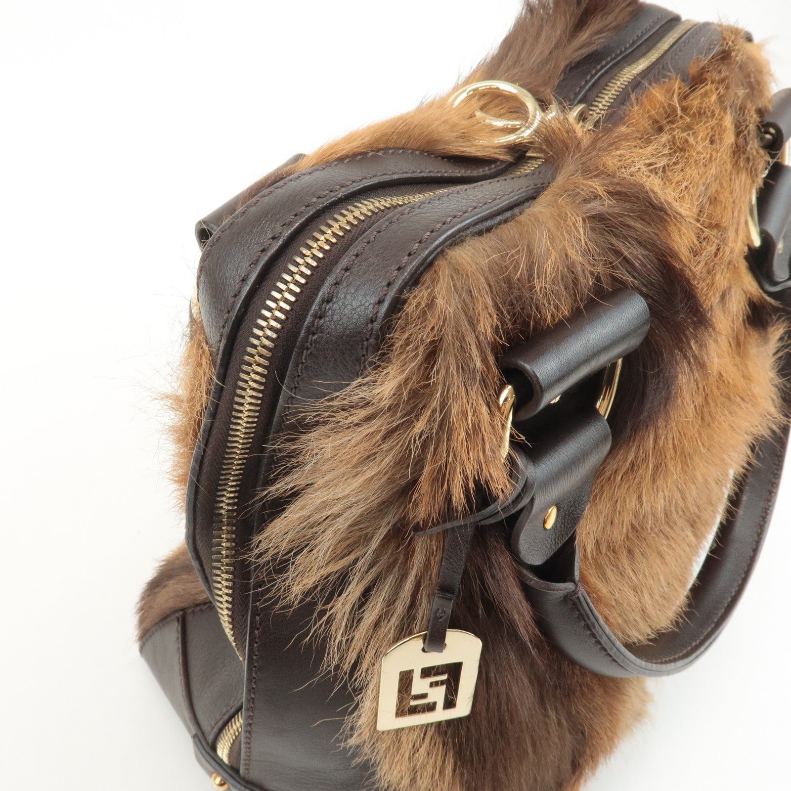 FENDI Unborn Calf Leather Hand Bag Shoulder Bag Brown 8BR286 Used