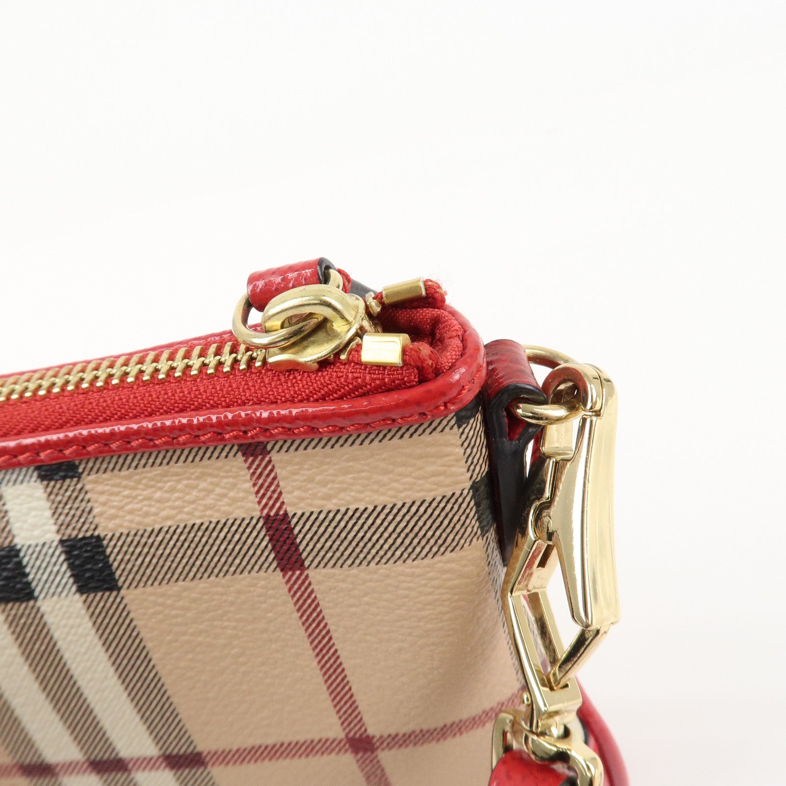 BURBERRY PVC Leather Nova Plaid Shoulder Bag Beige Red Used