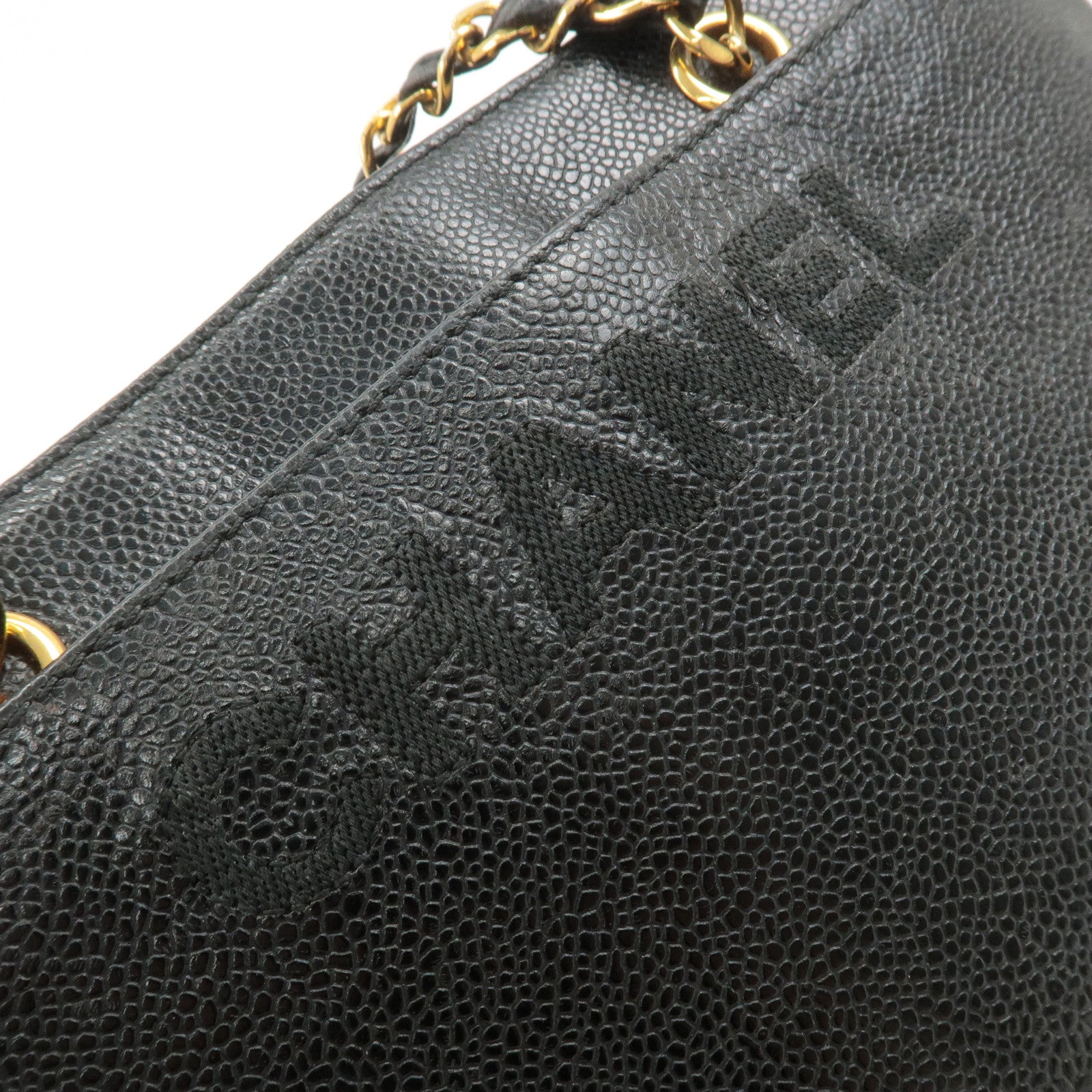 CHANEL Caviar Skin Chain Tote Bag Black Gold Used