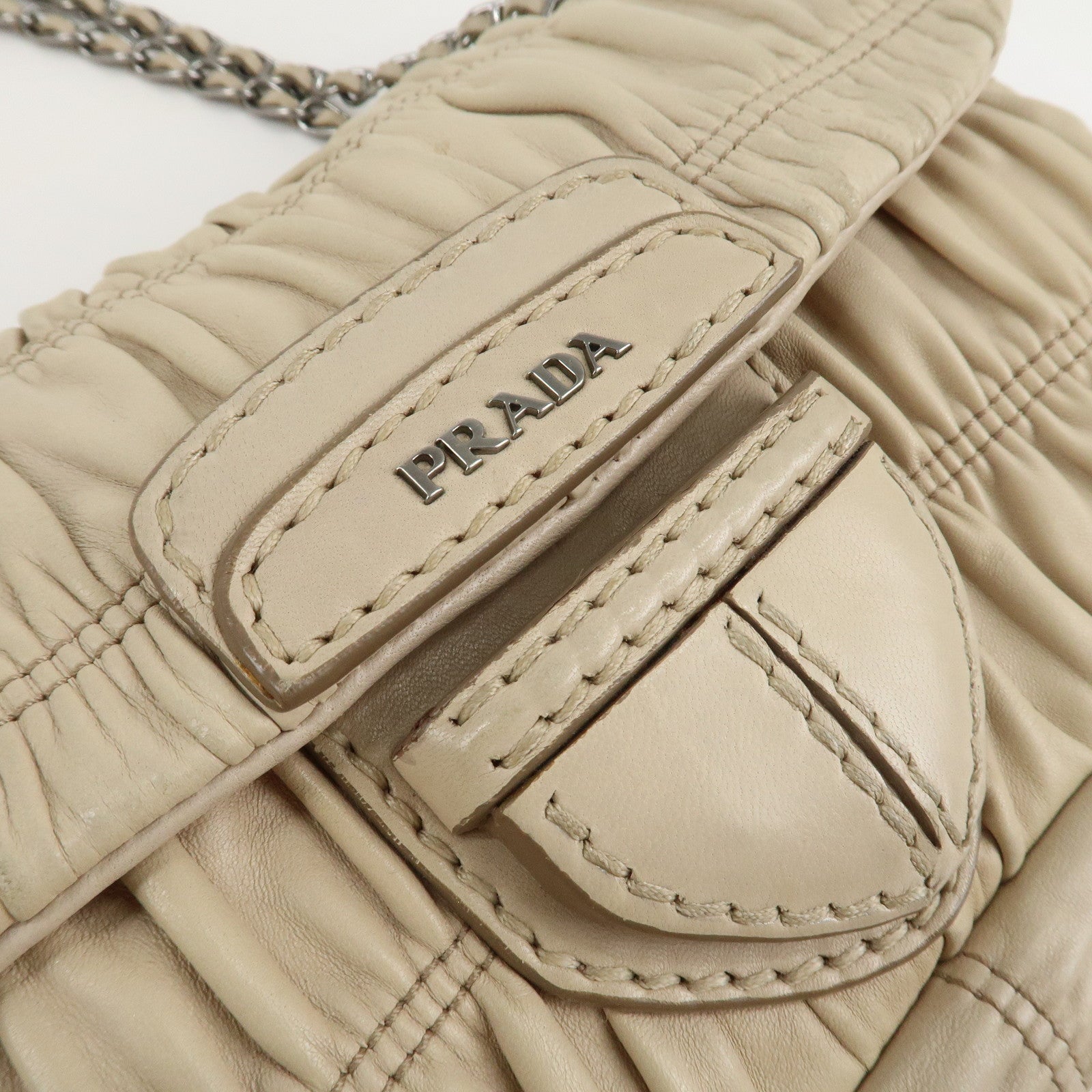 PRADA Leather Gathered Chain Shoulder Bag Ivory B4695C Used