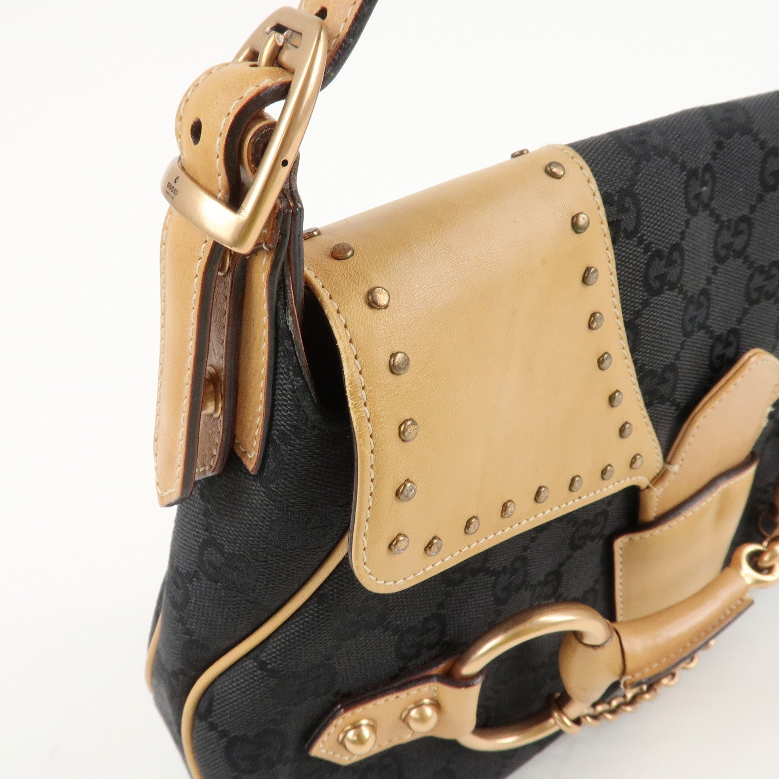 GUCCI Horsebit GG Canvas Leather Studs Shoulder Bag Black 114915 Used