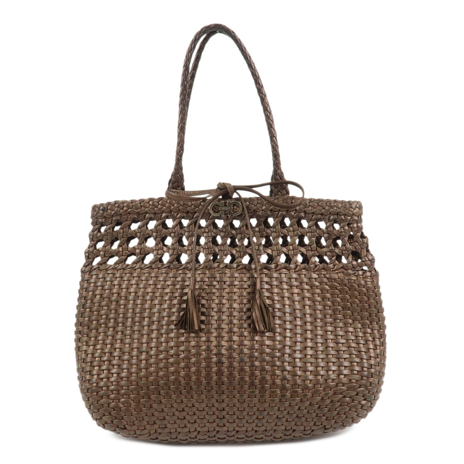 Ferragamo Gancini Logo Leather Tote Bag Shoulder Bag Brown