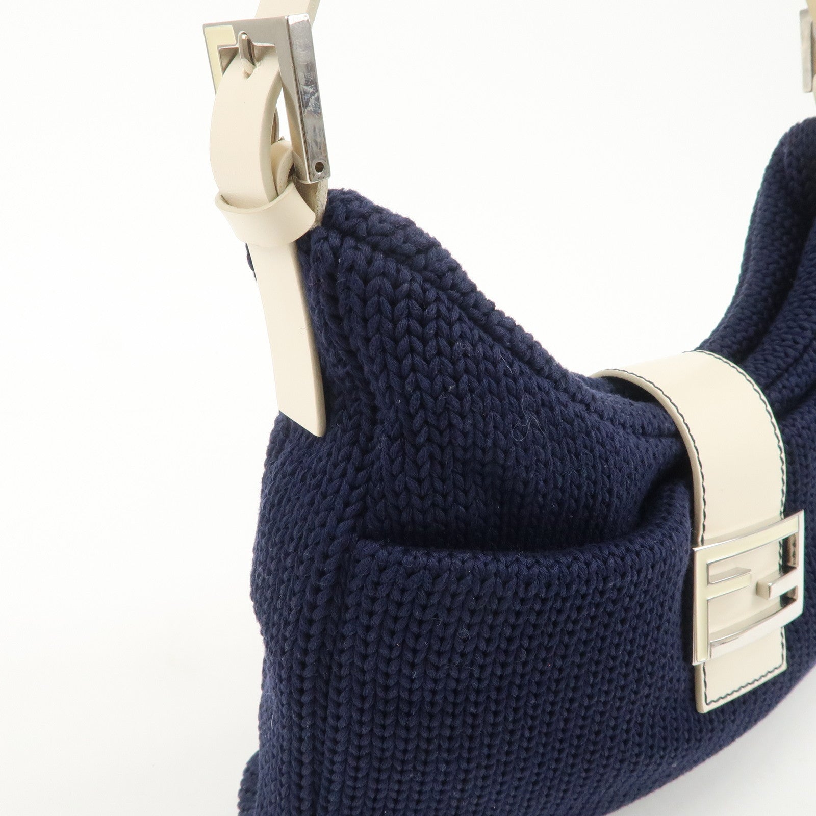 FENDI Wool Leather Shoulder Bag Navy White 26569 Used