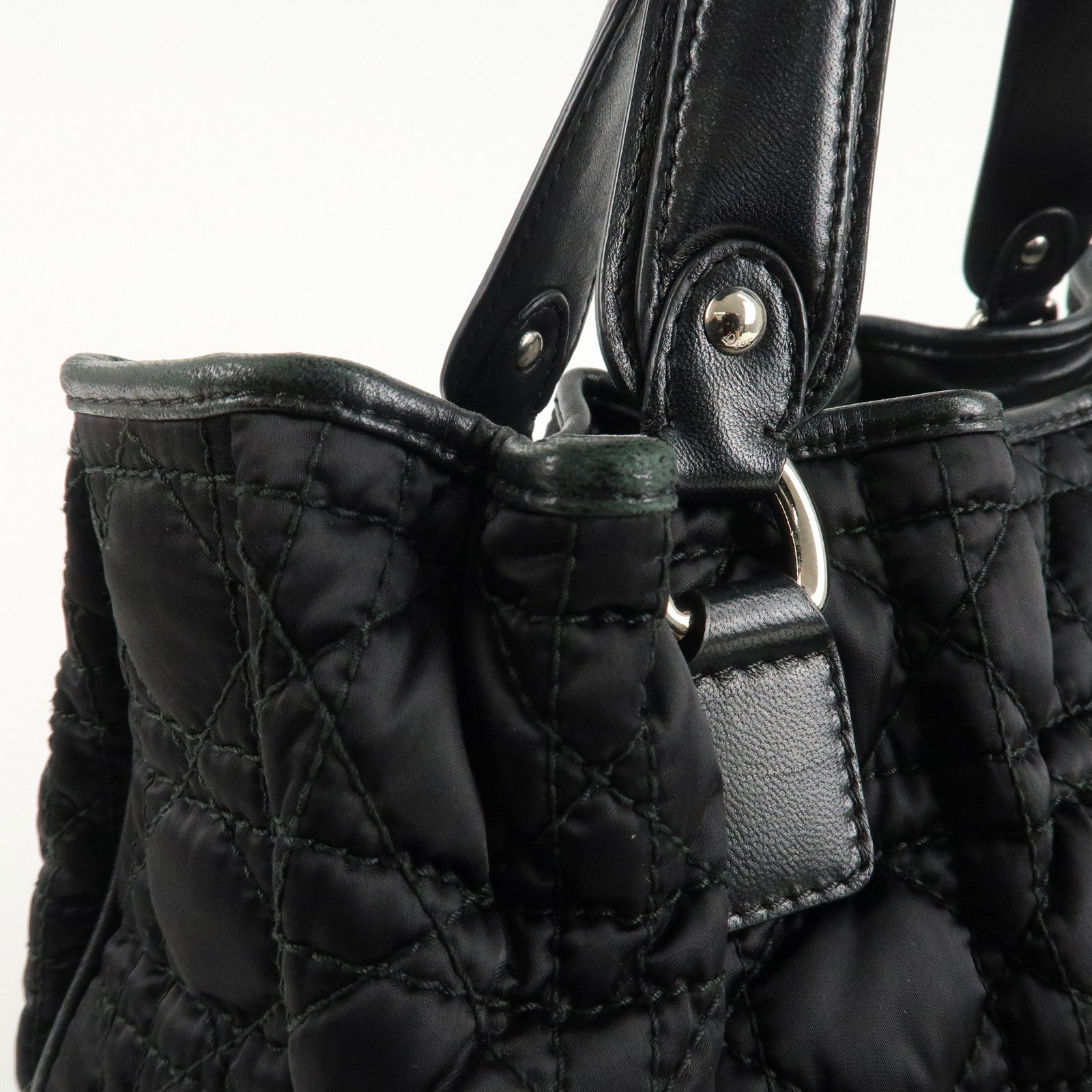 Christian Dior Cannage Nylon Leather Tote Bag Hand Bag Black Used