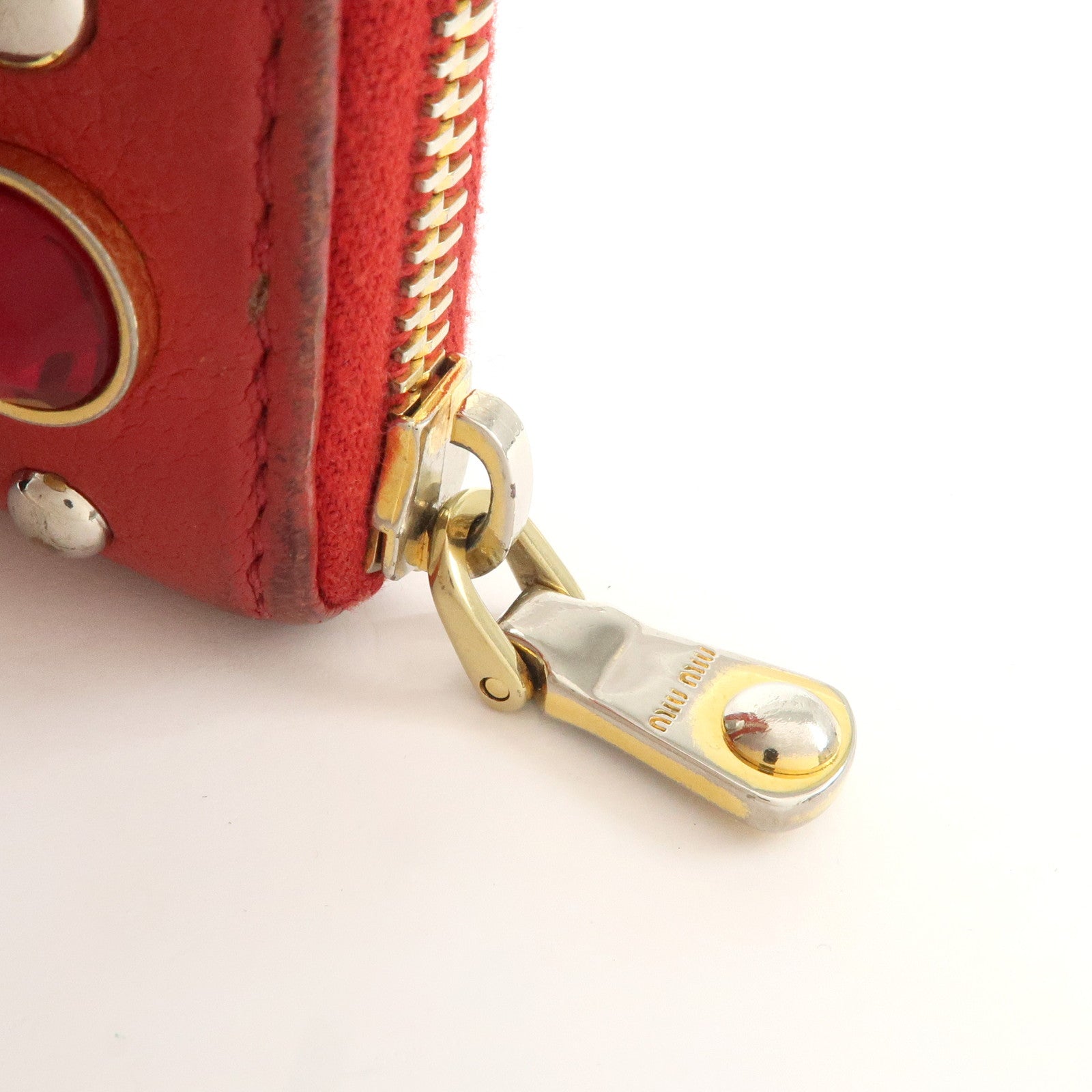 MIU MIU Leather Round Zipper Long Wallet Bijou Studs Red Used