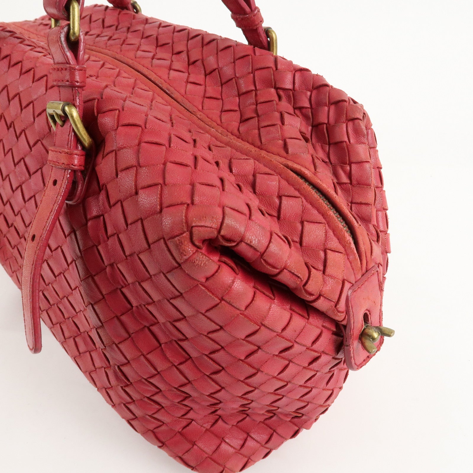 BOTTEGA VENETA Intrecciato Leather Montaigne Boston Bag Red Used