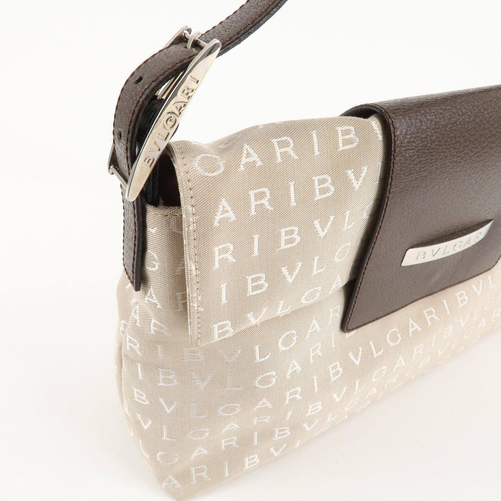 BVLGARI Logo Mania Canvas Leather Hand Bag Shoulder Bag Beige Used