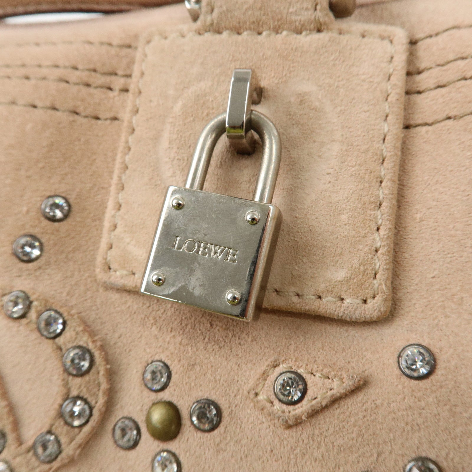 LOEWE Suede Amazona 28 Bijou Hand Bag Beige Pink Silver Hardware Used
