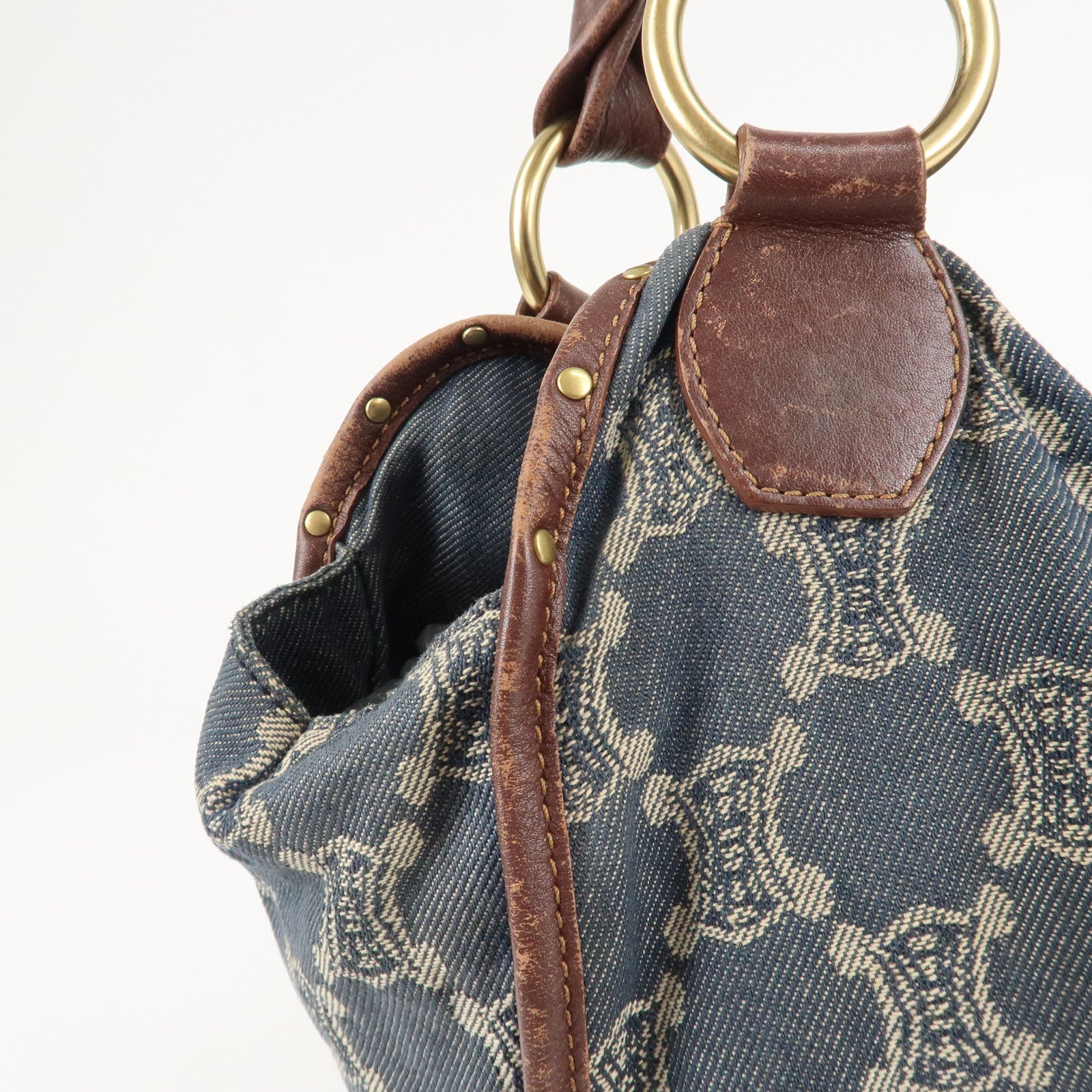 CELINE Macadam Denim Leather Bittersweet Shoudler Bag Navy Brown Used