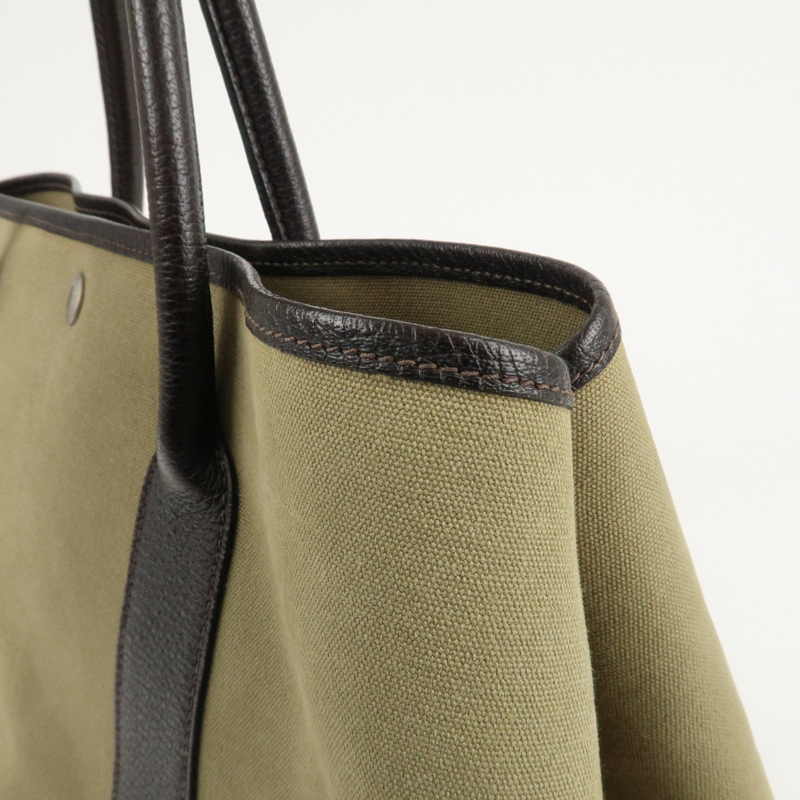 HERMES ToileOfficier Garden Party PM T Stamped Tote Bag Khaki Used