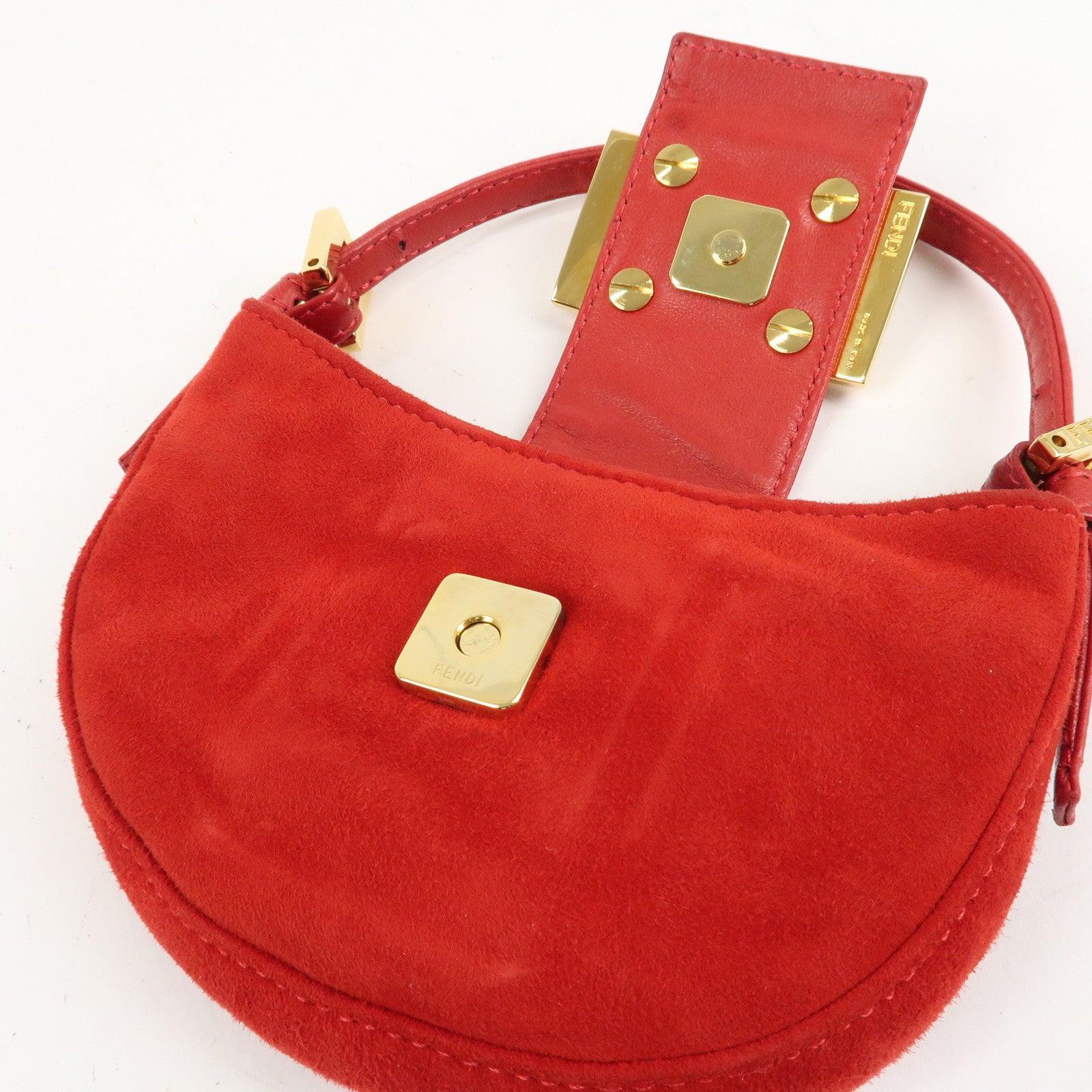 FENDI Suede Leather Mini Croissant Hand Bag Red 26673 Used