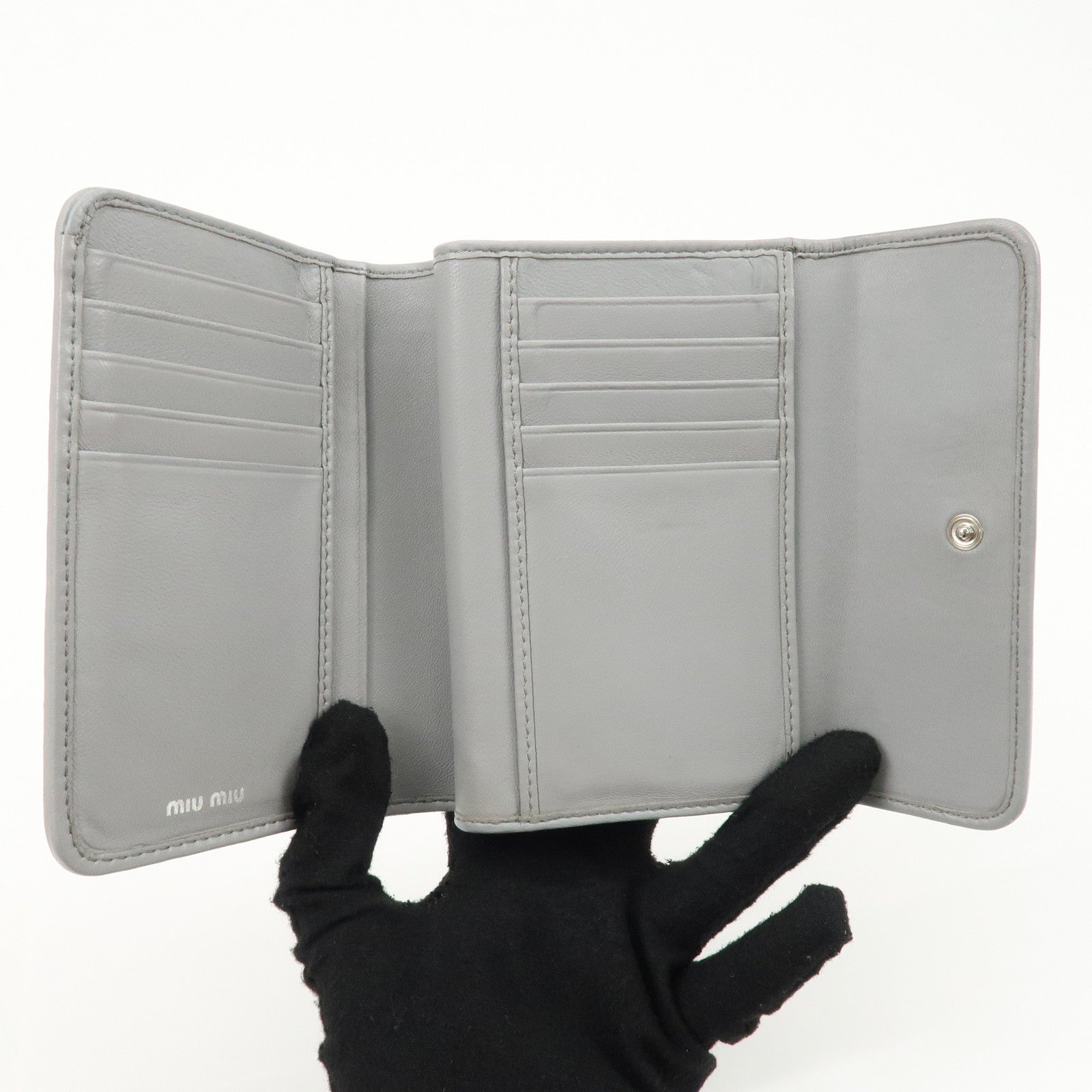 MIU MIU Matelasse Leather Bijoux Studs Tri-fold Wallet Gray Used