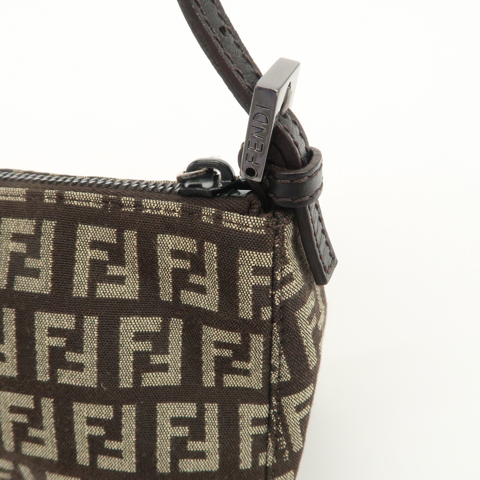 FENDI Zucchino Canvas Leather Shoulder Bag Dark Brown 8BR249 Used