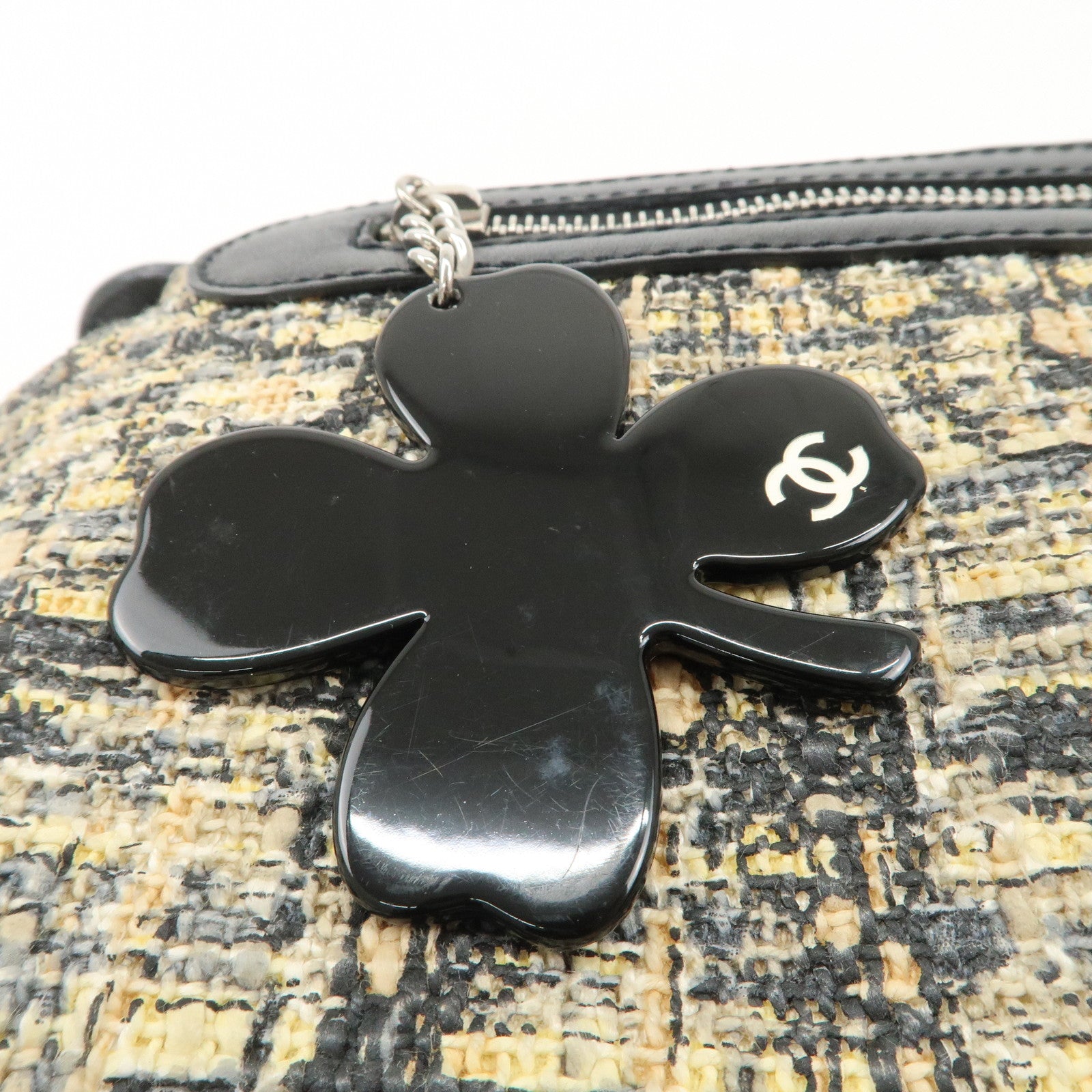 CHANEL Tweed Leather Shoulder Bag Hand Bag Black Beige Used