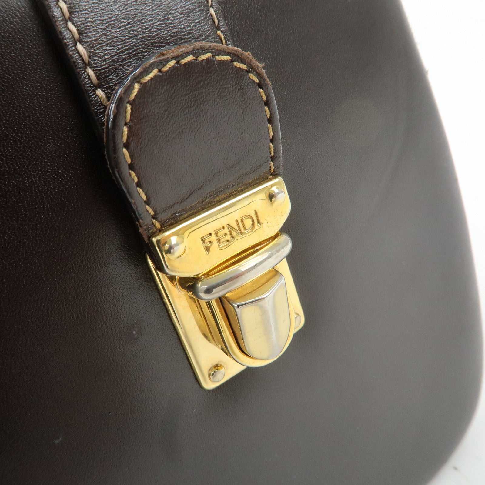 FENDI Zucca Canvas Leather Hand Bag Brown Black Used