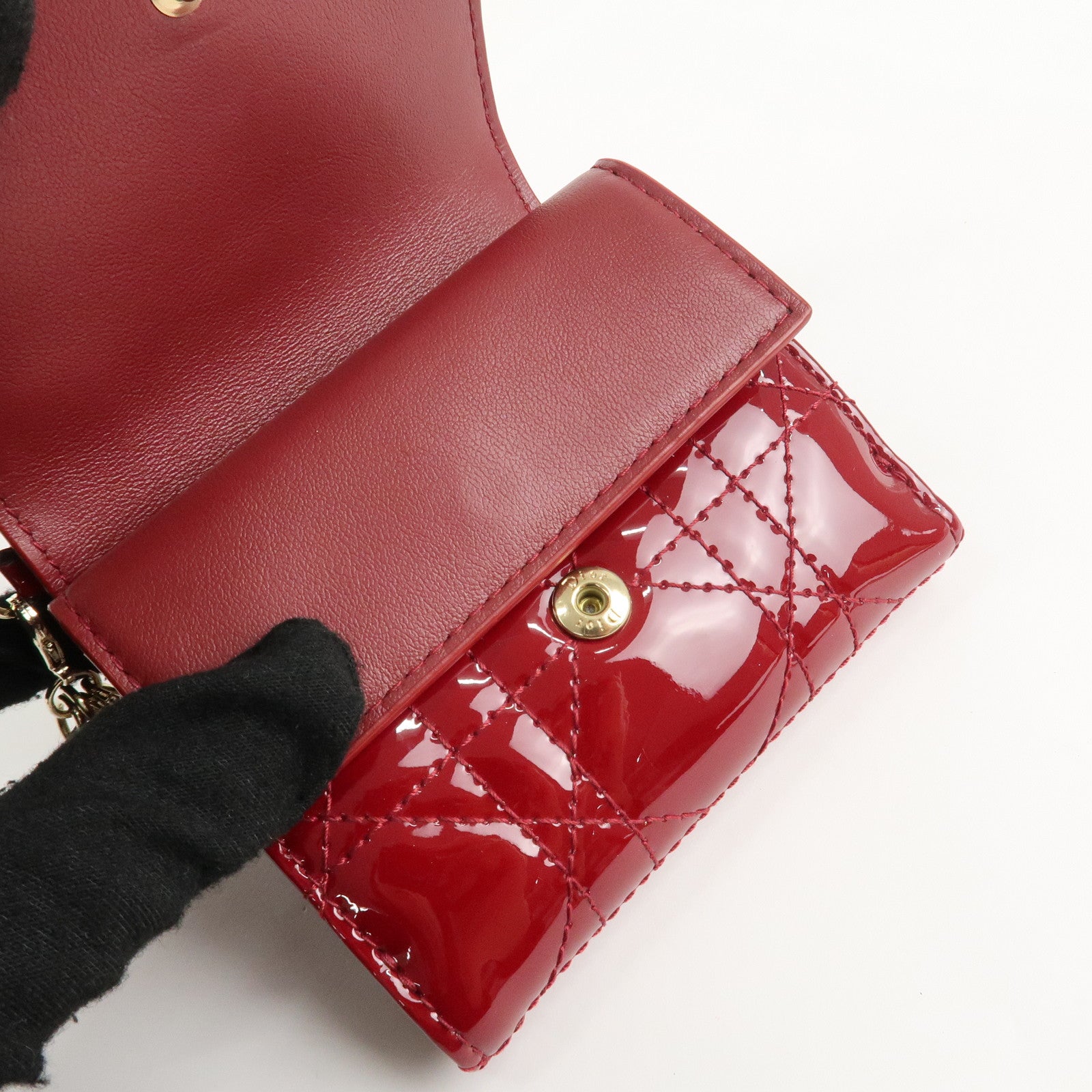 Christian Dior Cannage Lady Dior Leather Lotus Tri fold Wallet Red Used