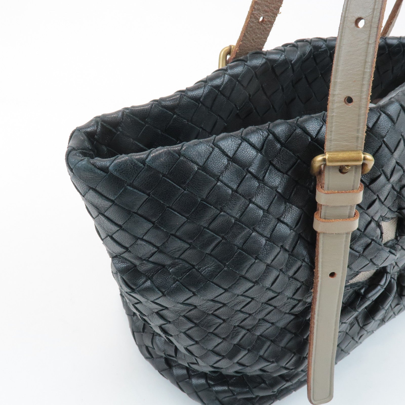 BOTTEGA VENETA Intrecciato Leather Tote Bag Balck Beige 169759 Used
