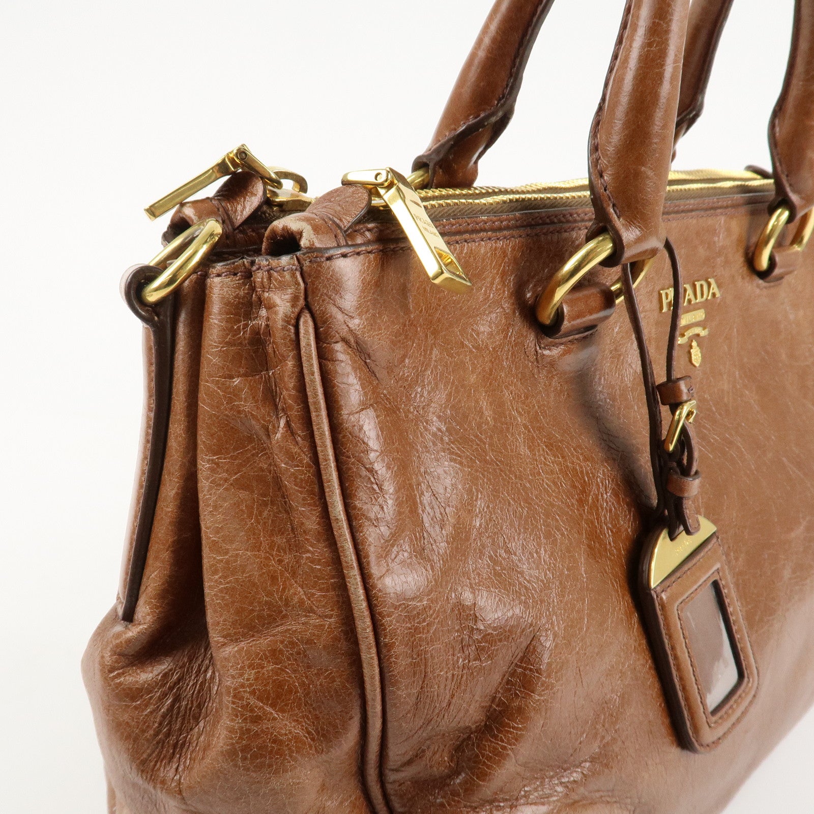 PRADA Leather 2Way Bag Shoulder Bag Hand Bag Brown Used