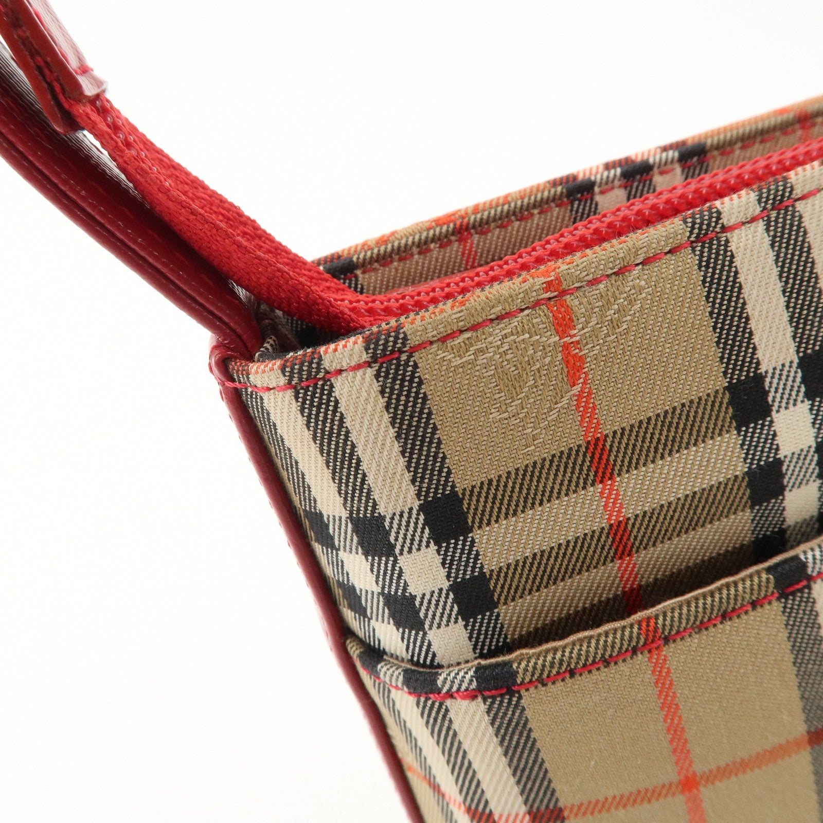 BURBERRY Nova Plaid Canvas Leather Shoulder Bag Hand Bag Red Used