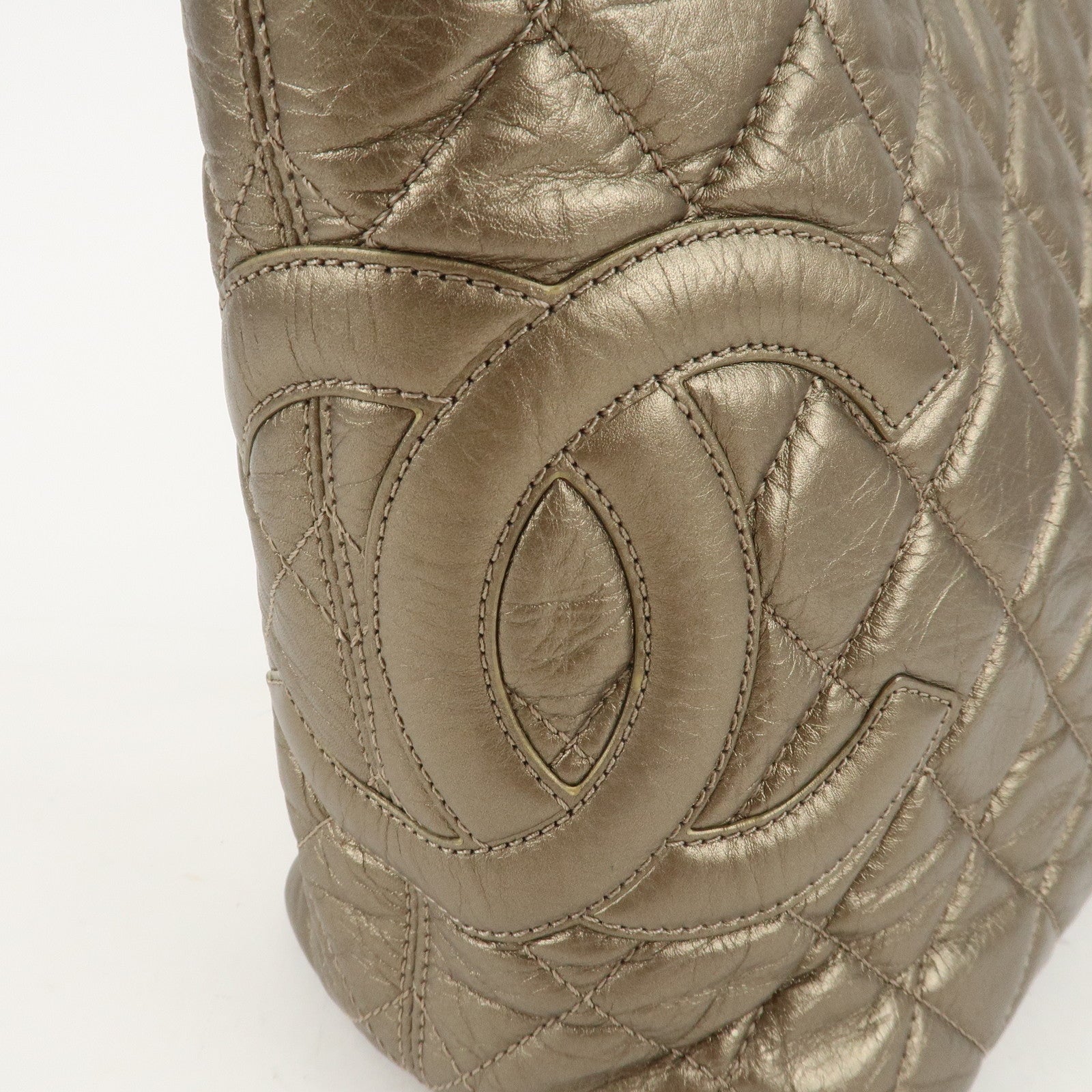 CHANEL Cambon Line Lamb Skin Cotton Club Hand Bag Bronze A34318 Used