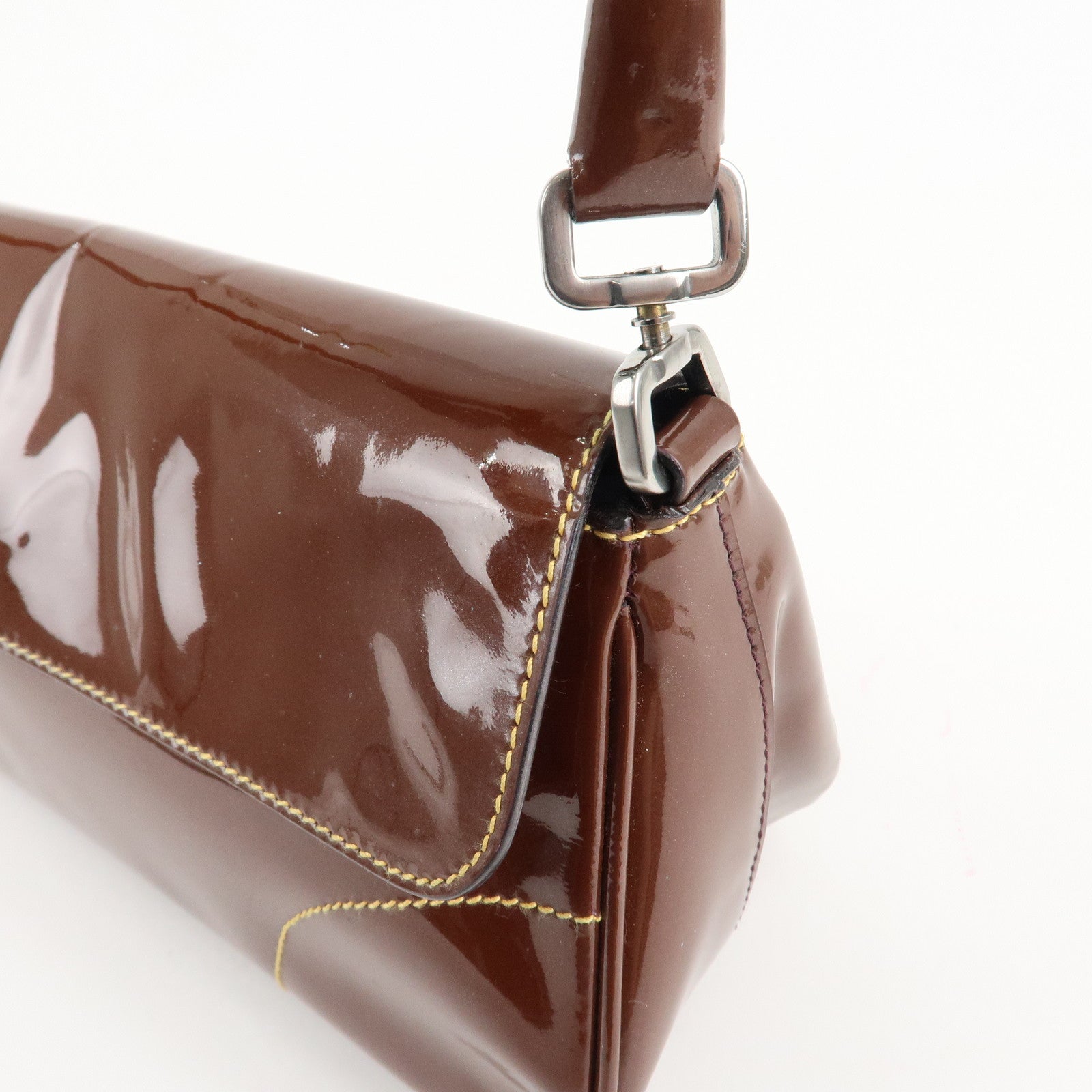 PRADA Patent Leather Shoulder Bag Brown Used