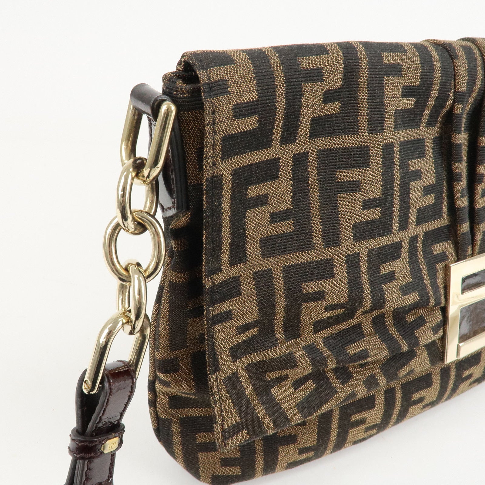 FENDI Zucca Canvas Patent Shoulder Bag Brown Black 8BT163 Used