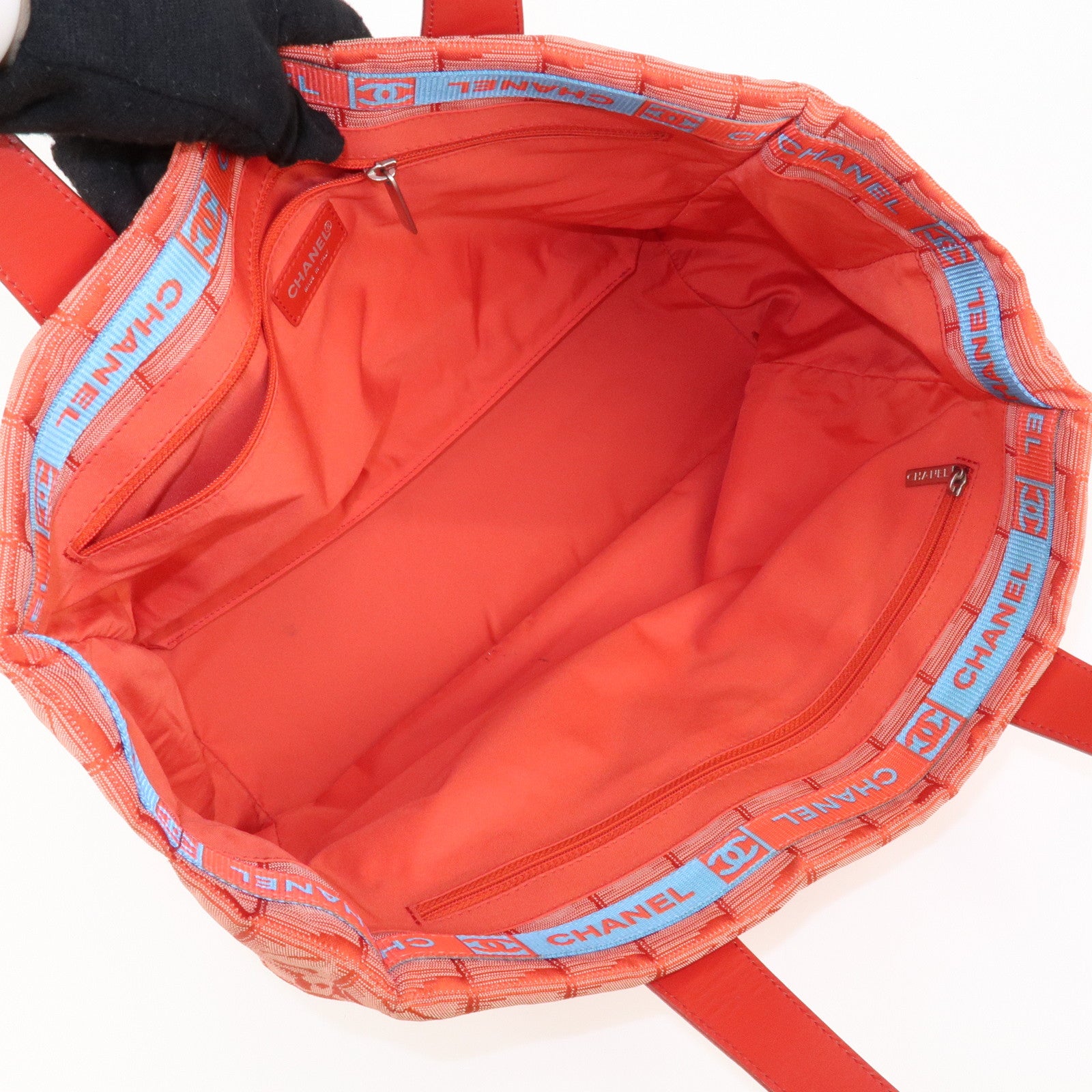 CHANEL New Travel Line Nylon Jacquard Leather Tote Bag Red A15991 Used