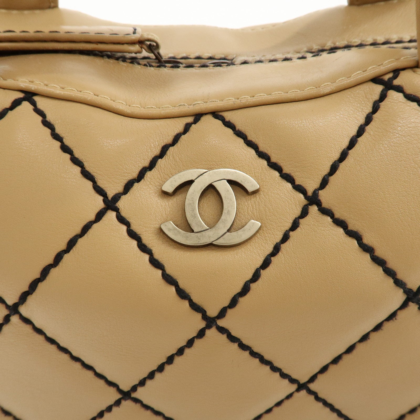 CHANEL Wild Stitch Lamb Skin Coco Mark Hand Bag Beige A14692 Used