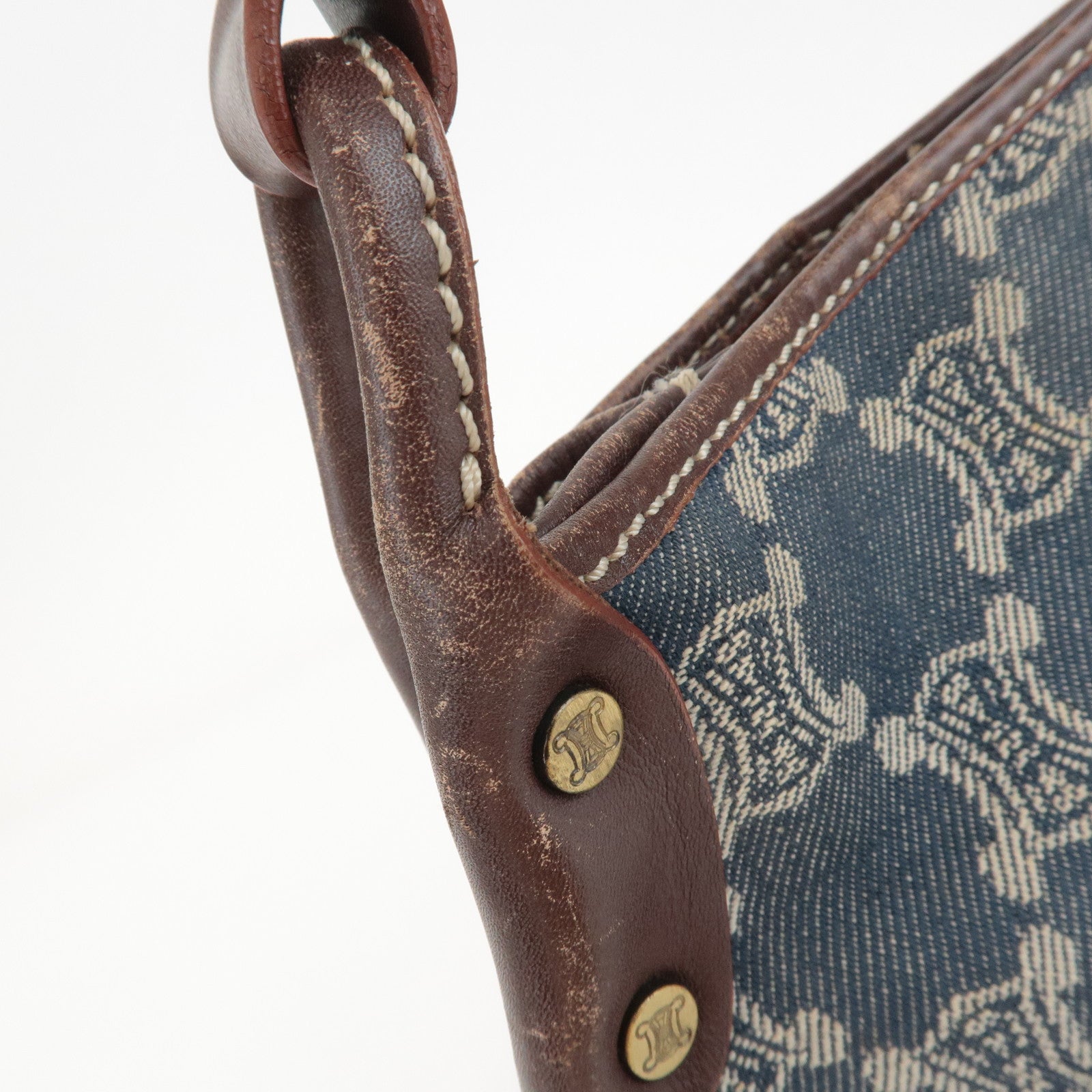 CELINE Macadam Denim Leather Shoulder Bag Blue Brown Used