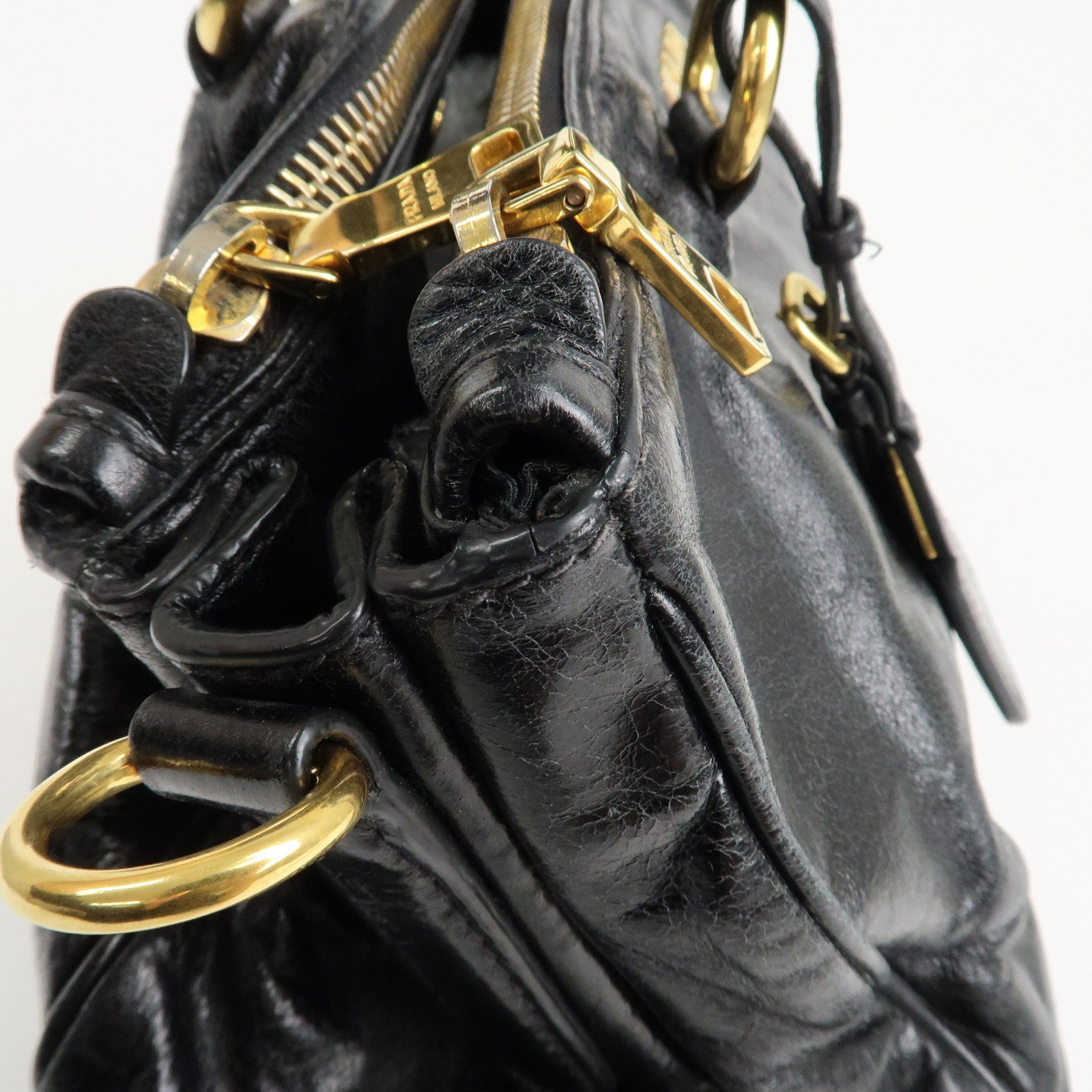 PRADA Leather 2Way Hand Bag Shoulder Bag Black BN2324 Used