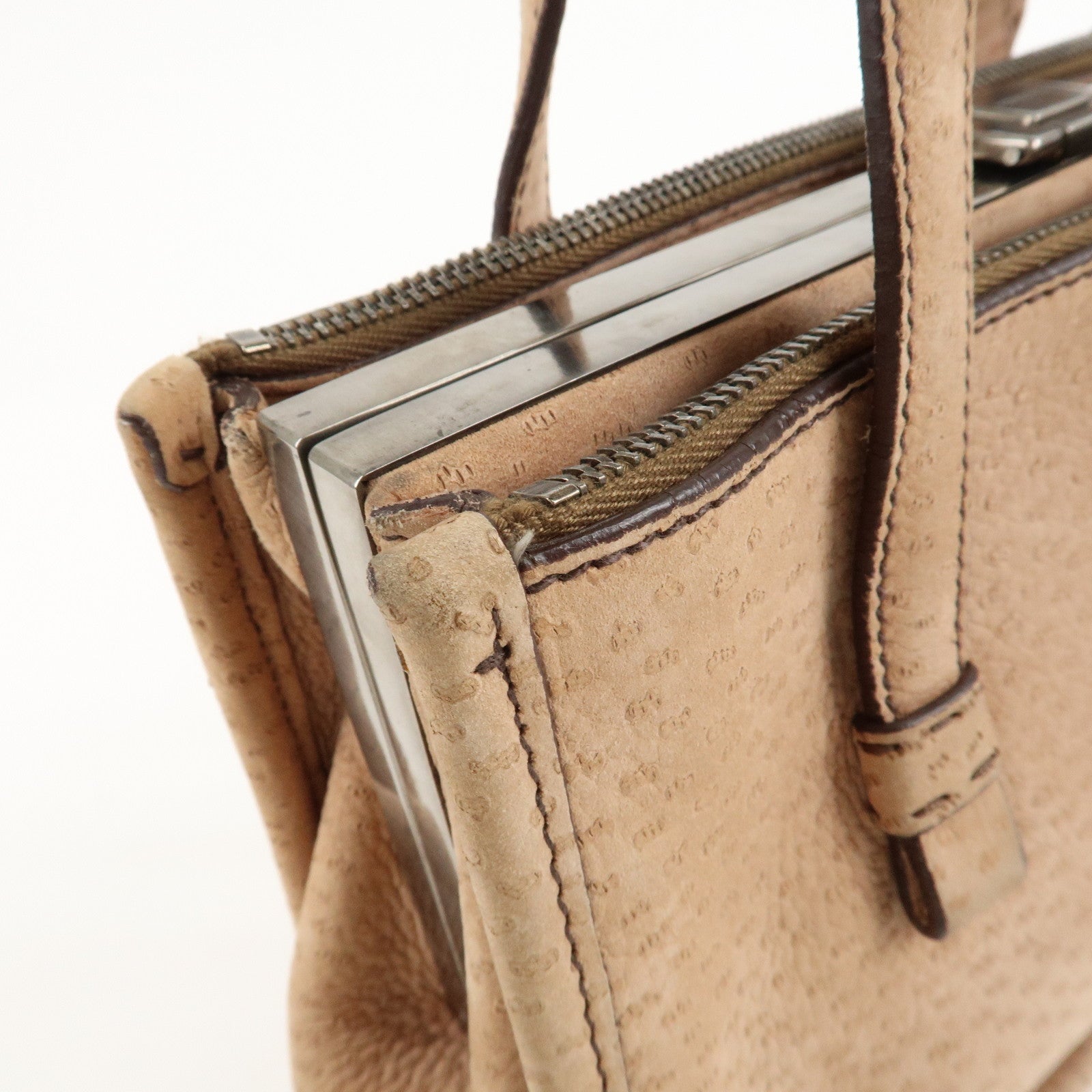 PRADA Logo Suede Clasp Tote Bag Hand Bag Beige BR1935 F/S Used