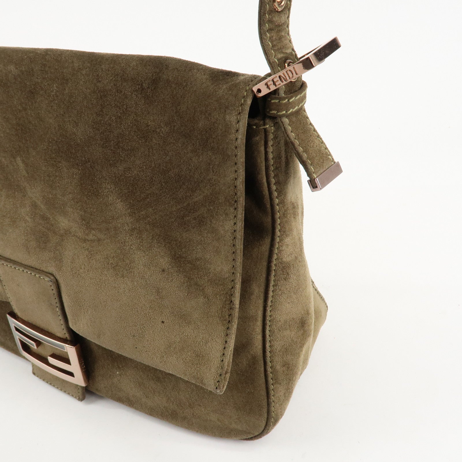 FENDI Mamma Baguette Suede Shoulder Bag Khaki 8BR001 Used