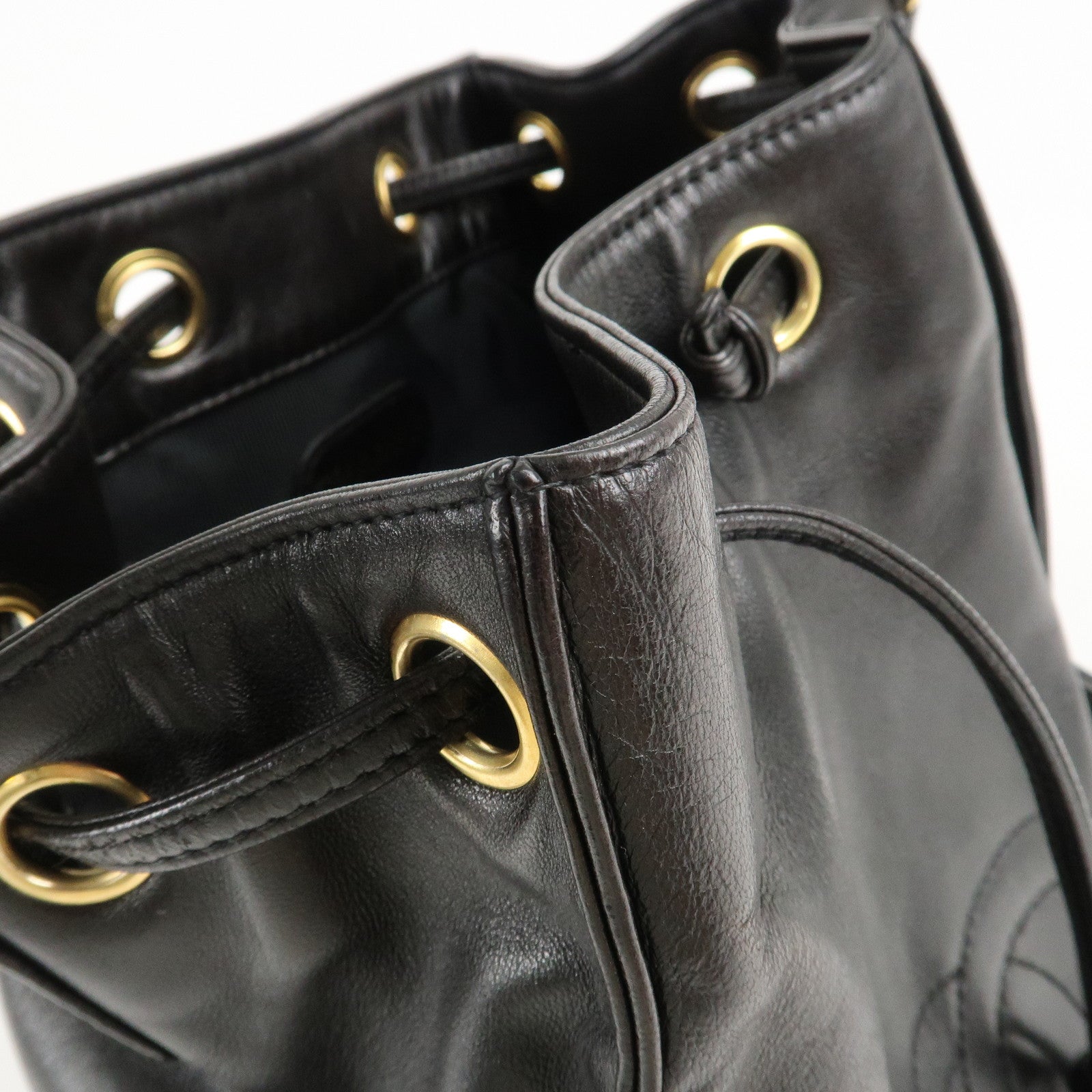 CHANEL COCO Mark Lamb Skin Stitch Shoulder Bag Black Gold Used