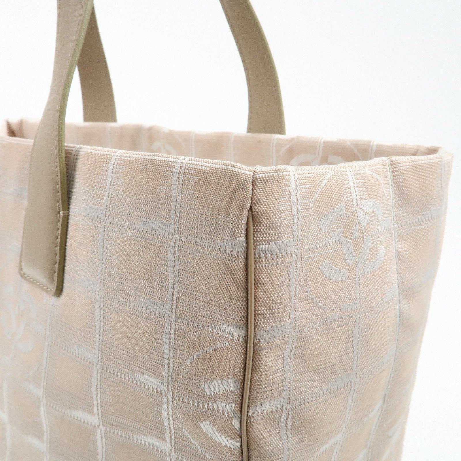 CHANEL New Travel Line Nylon Jacquard Leather Tote Bag Beige A15991 Used