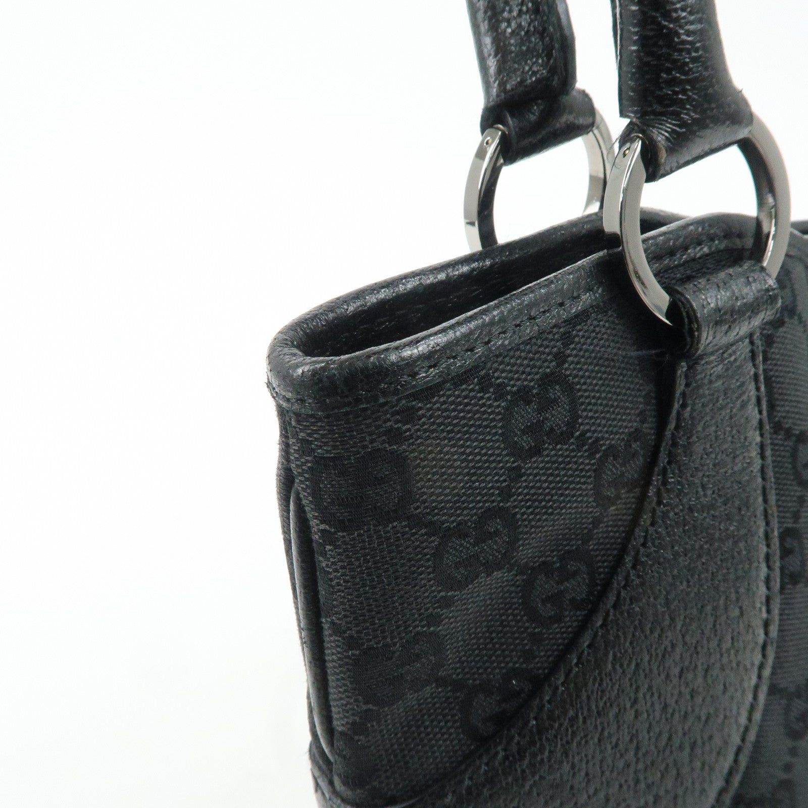 GUCCI GG Canvas Leather Tote Bag Hand Bag Black 113015 Used