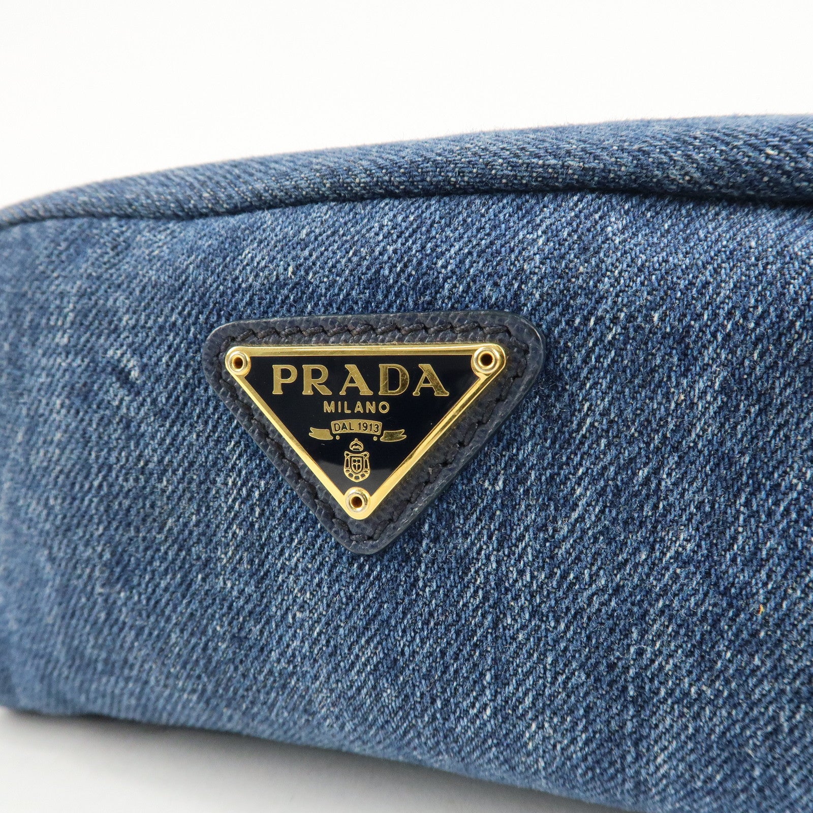 PRADA Triangle Logo Denim Pouch Cosmetic Pouch Blue Used