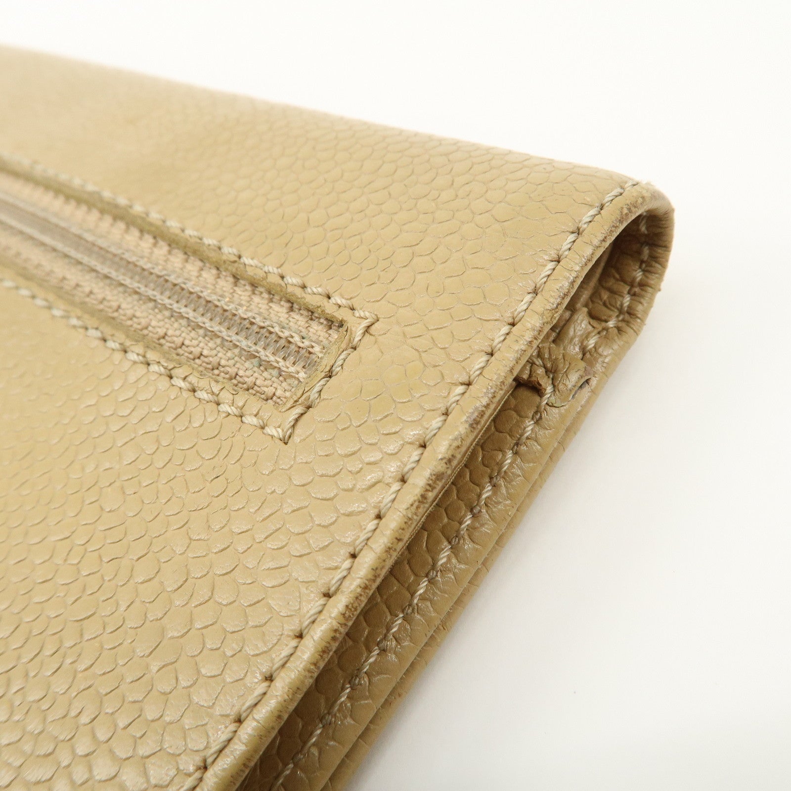 CHANEL Caviar Skin COCO Mark Tri-Fold Wallet Beige Gold Used