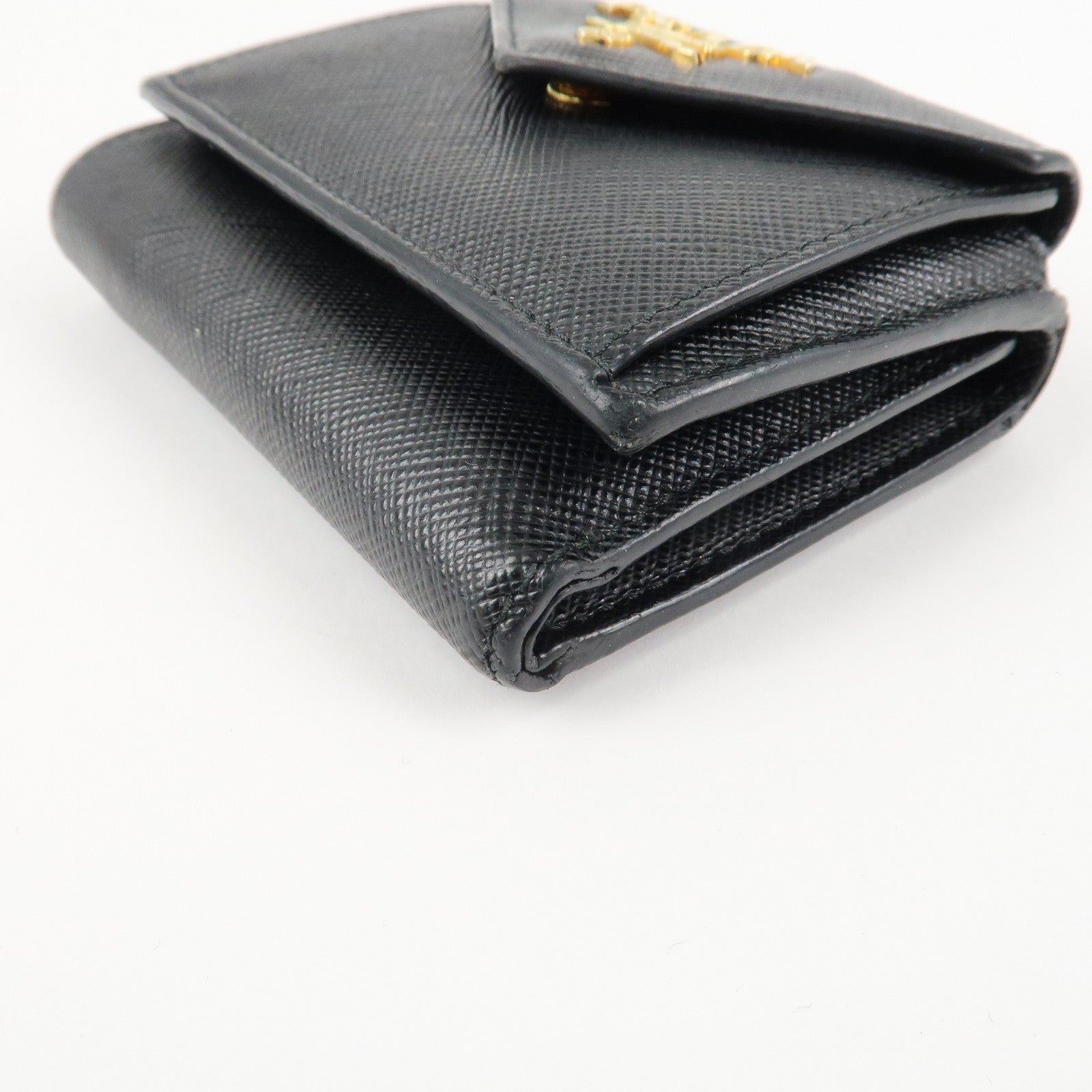 PRADA Saffiano Leather Tri-fold Wallet Black Gold Hardware 1MH021 Used