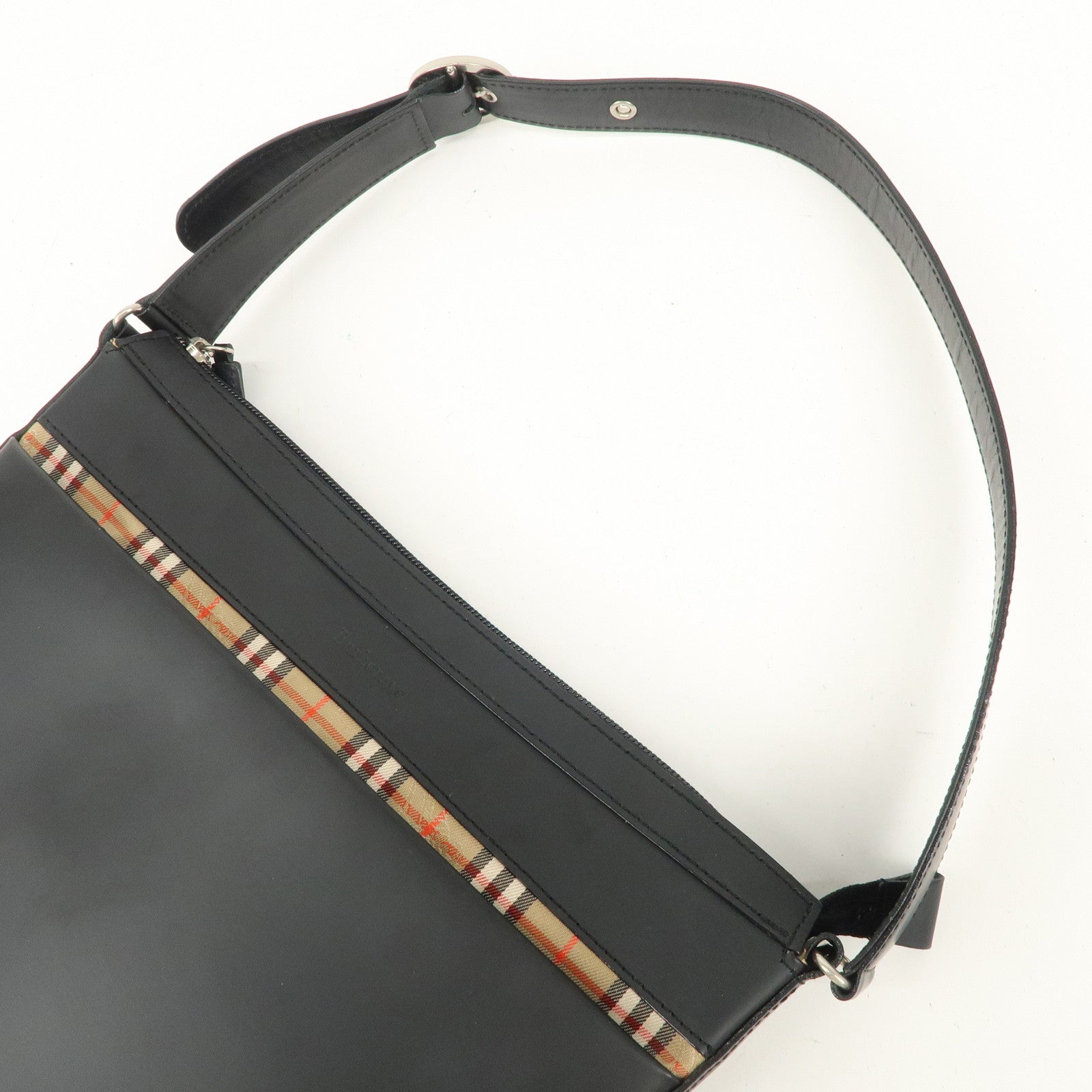 BURBERRY Logo Leather Shoulder Bag Hand Bag Nova Plaid Black Used