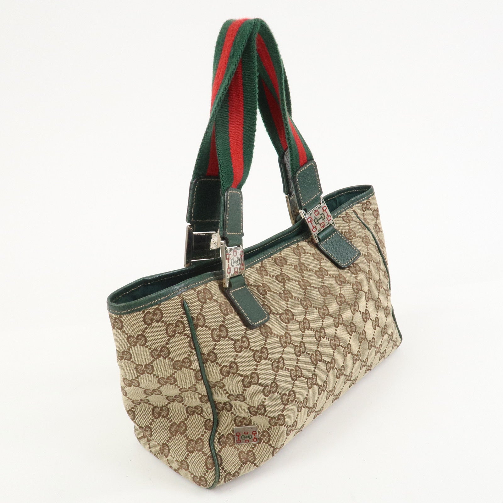 GUCCI Sherry GG Canvas Leather Hand Bag Brown Green 145810