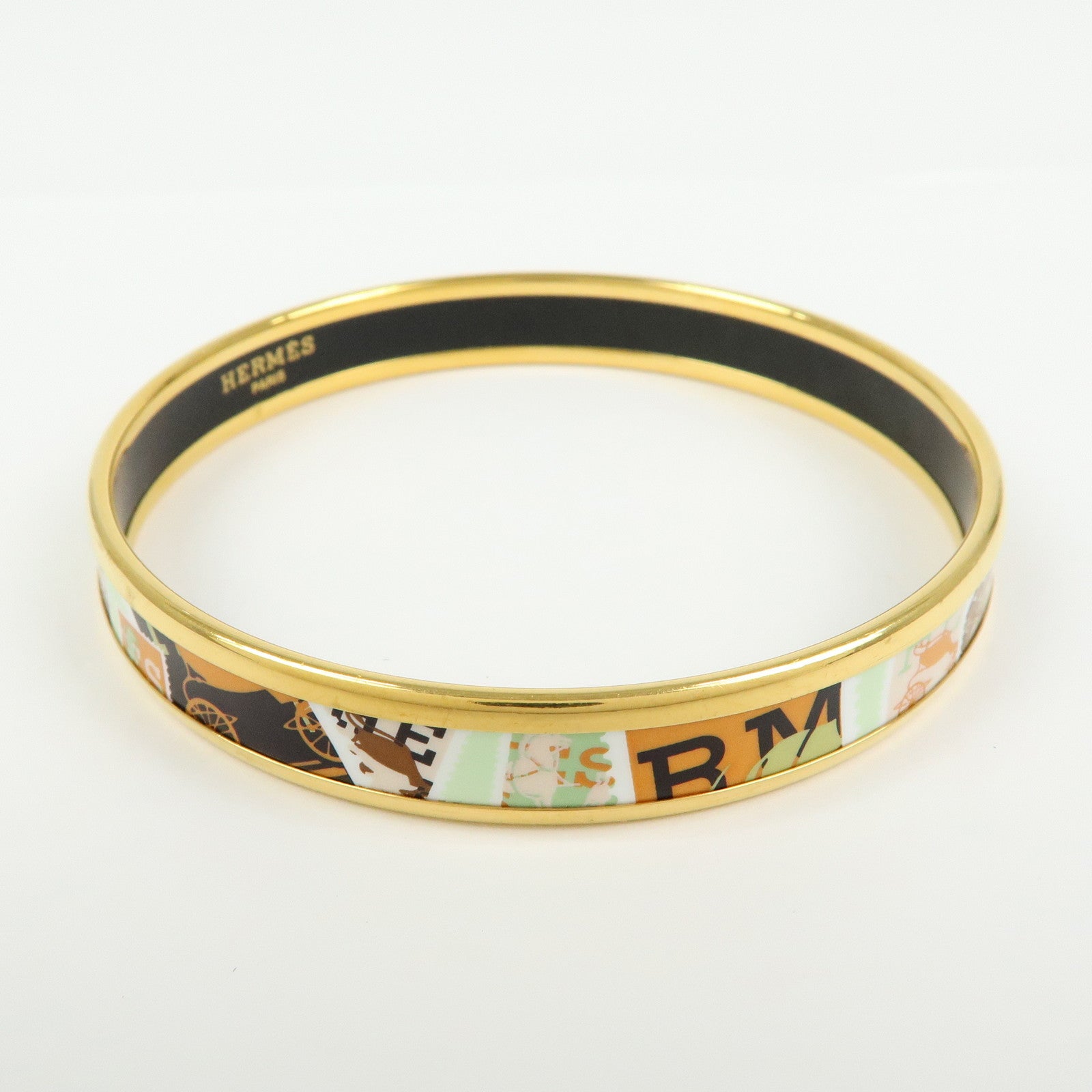 HERMES Email PM Gold Plated Bracelet Bangle Light Green Orange Gold