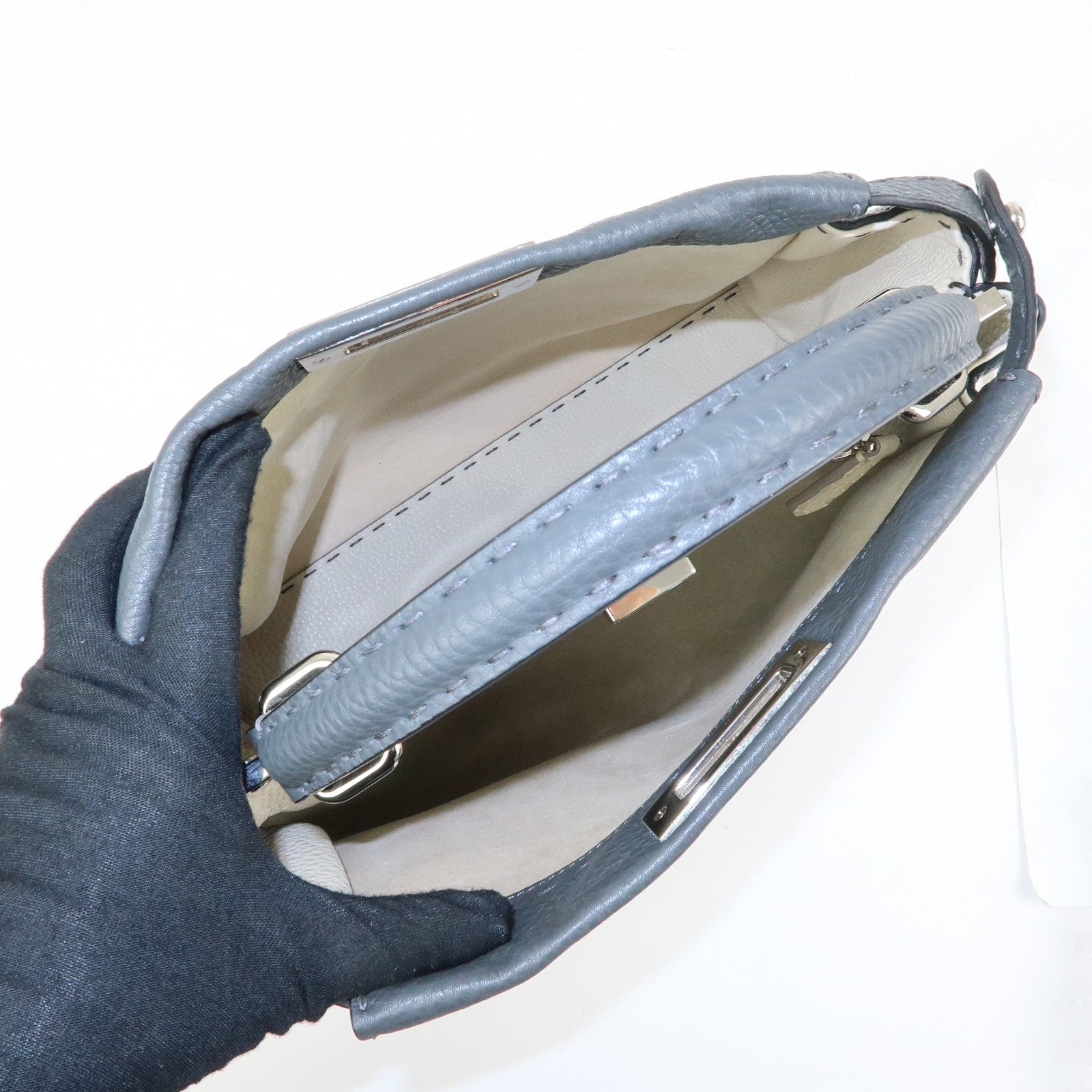 FENDI Peekaboo Selleria Leather 2Way Hand Shoulder Bag Gray 8BN290