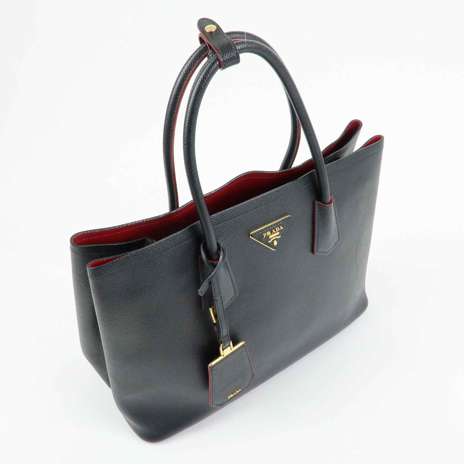 PRADA Triangle Logo Saffiano Leather Tote Bag Hand Bag Black BN2756
