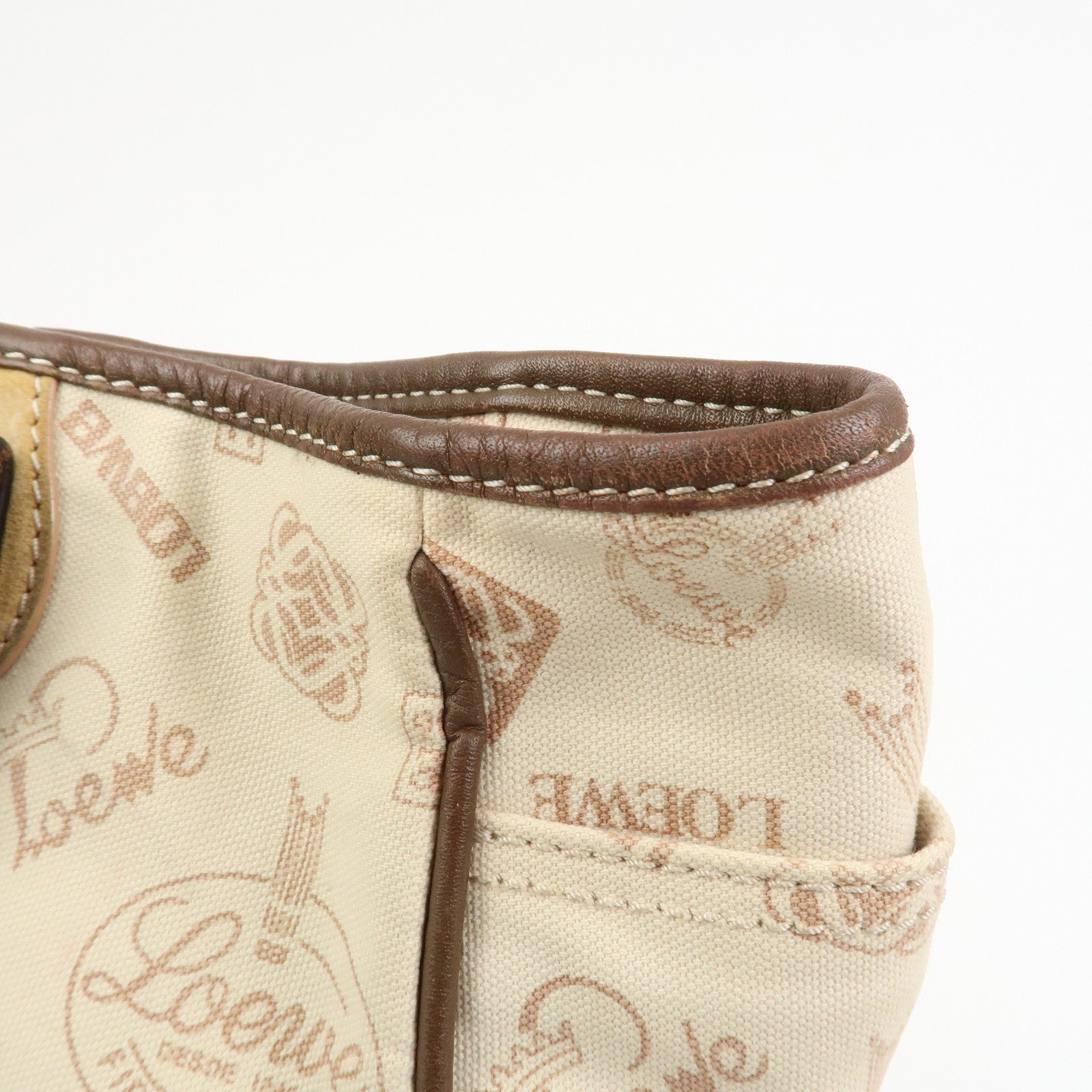 LOEWE Anagram Canvas Leather Suede Tote Bag Shoulder Bag Ivory