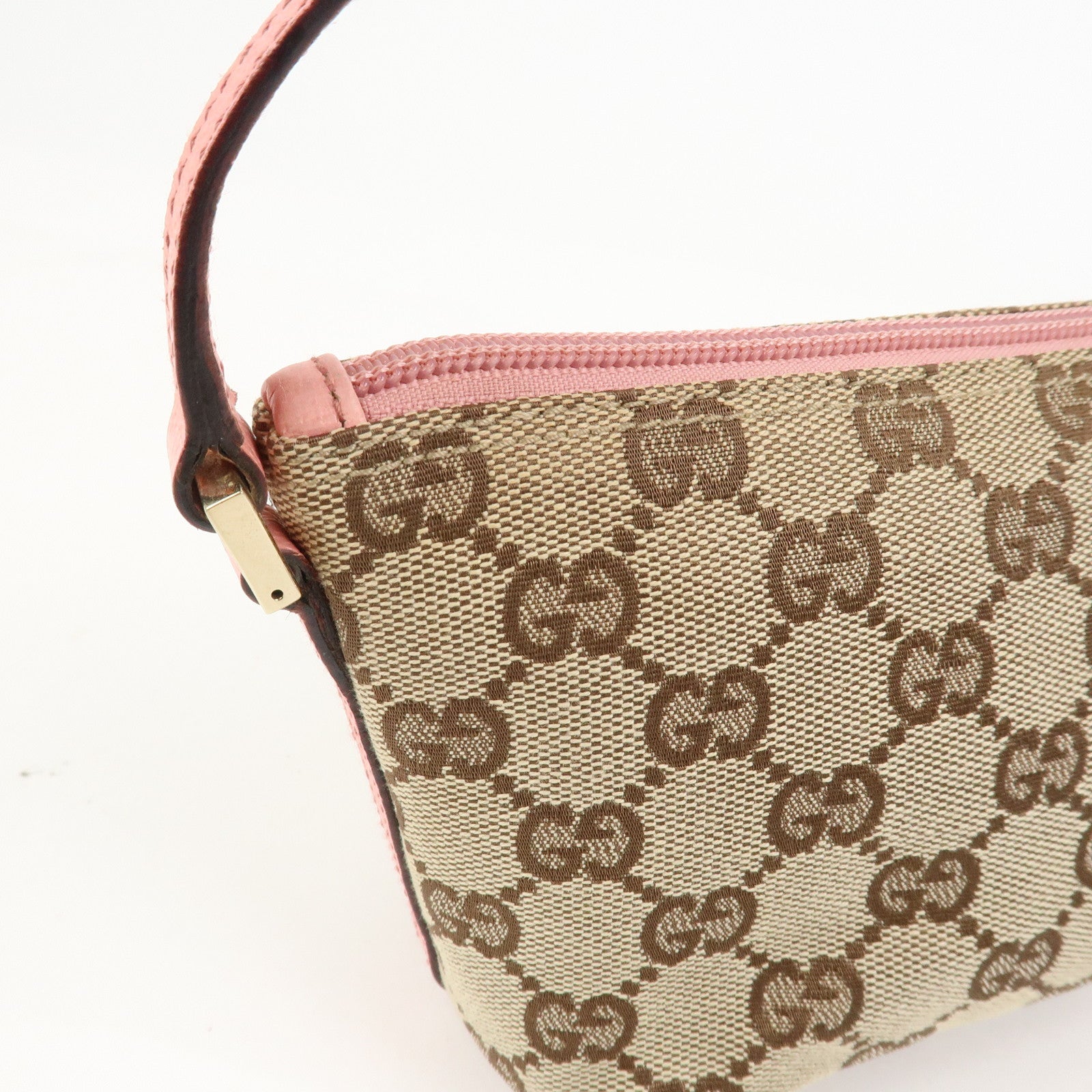 GUCCI Boat Bag GG Monogram Canvas Leather Hand Bag Beige Pink 07198