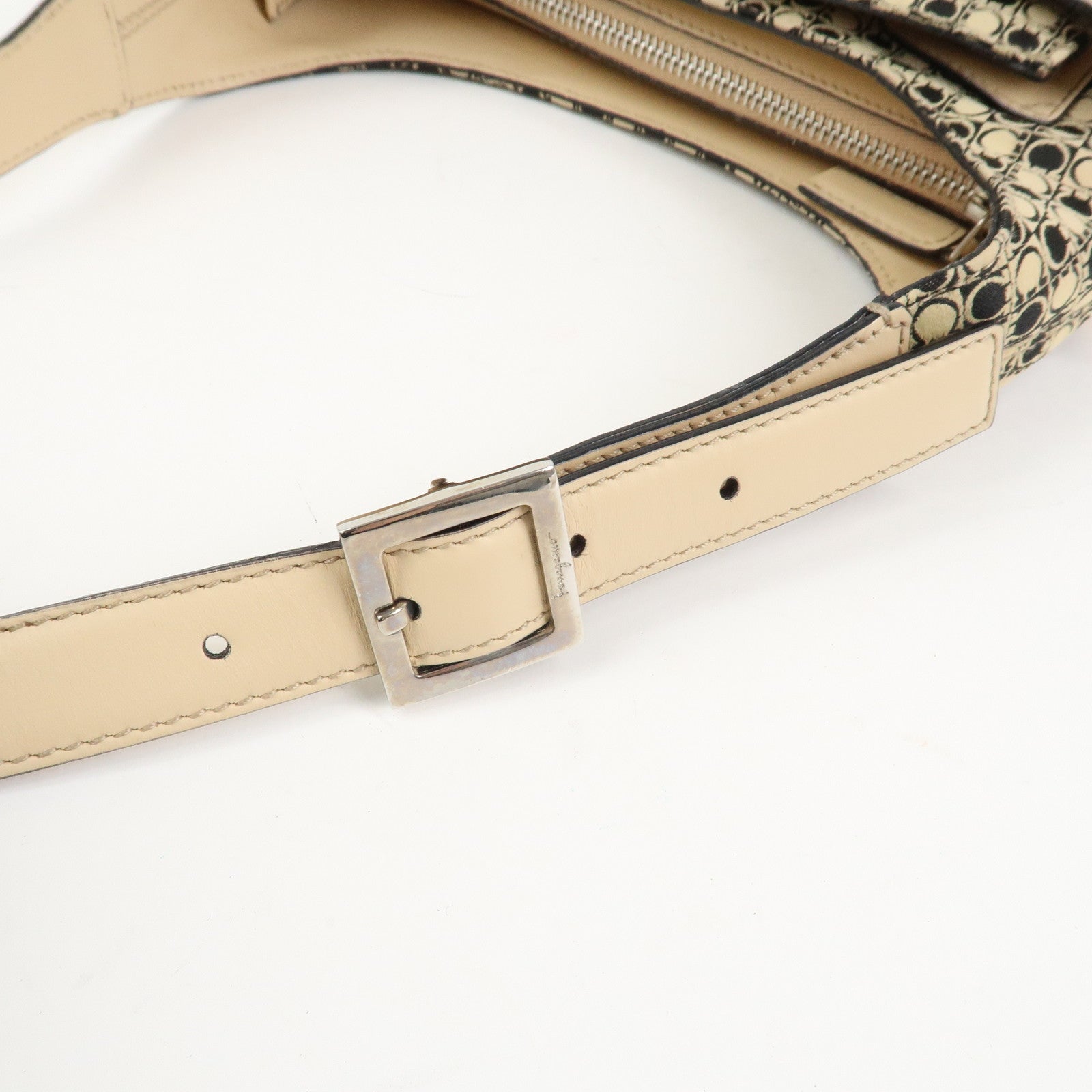 Ferragamo Gancini Canvas Leather Shoulder Bag Hand Bag Beige Black