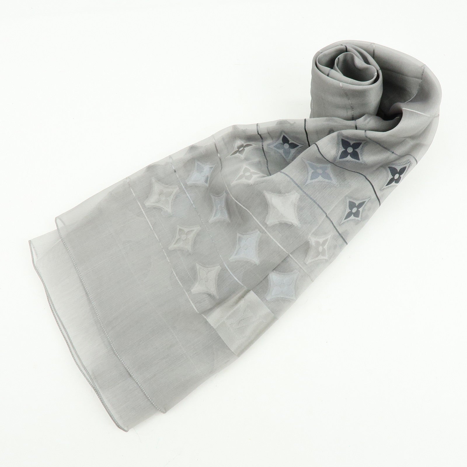 Louis Vuitton LV Logo Silk 100% Scarf Shawl Gray Silver